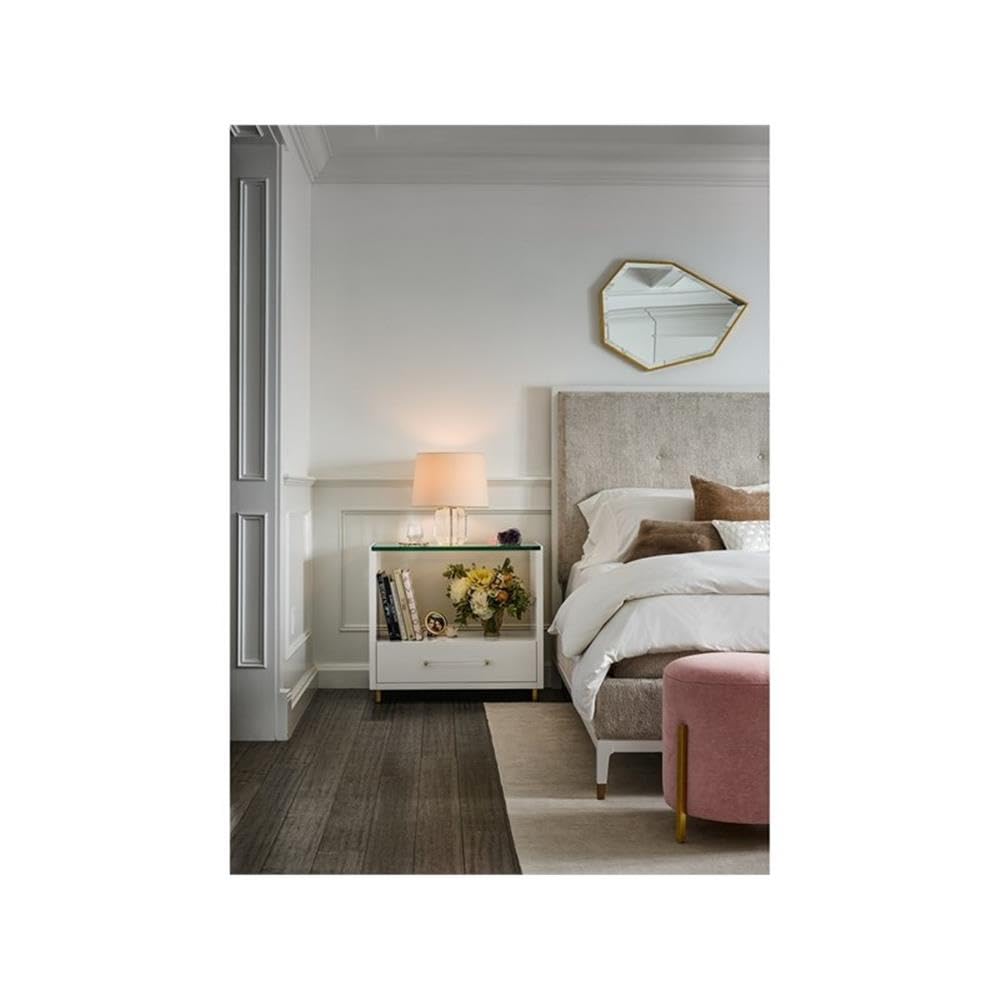 White Universal Furniture Mirand Kerr Peony Wood Nightstand with Glass Top - Elegant Bedroom Side Table for Modern Home Decor