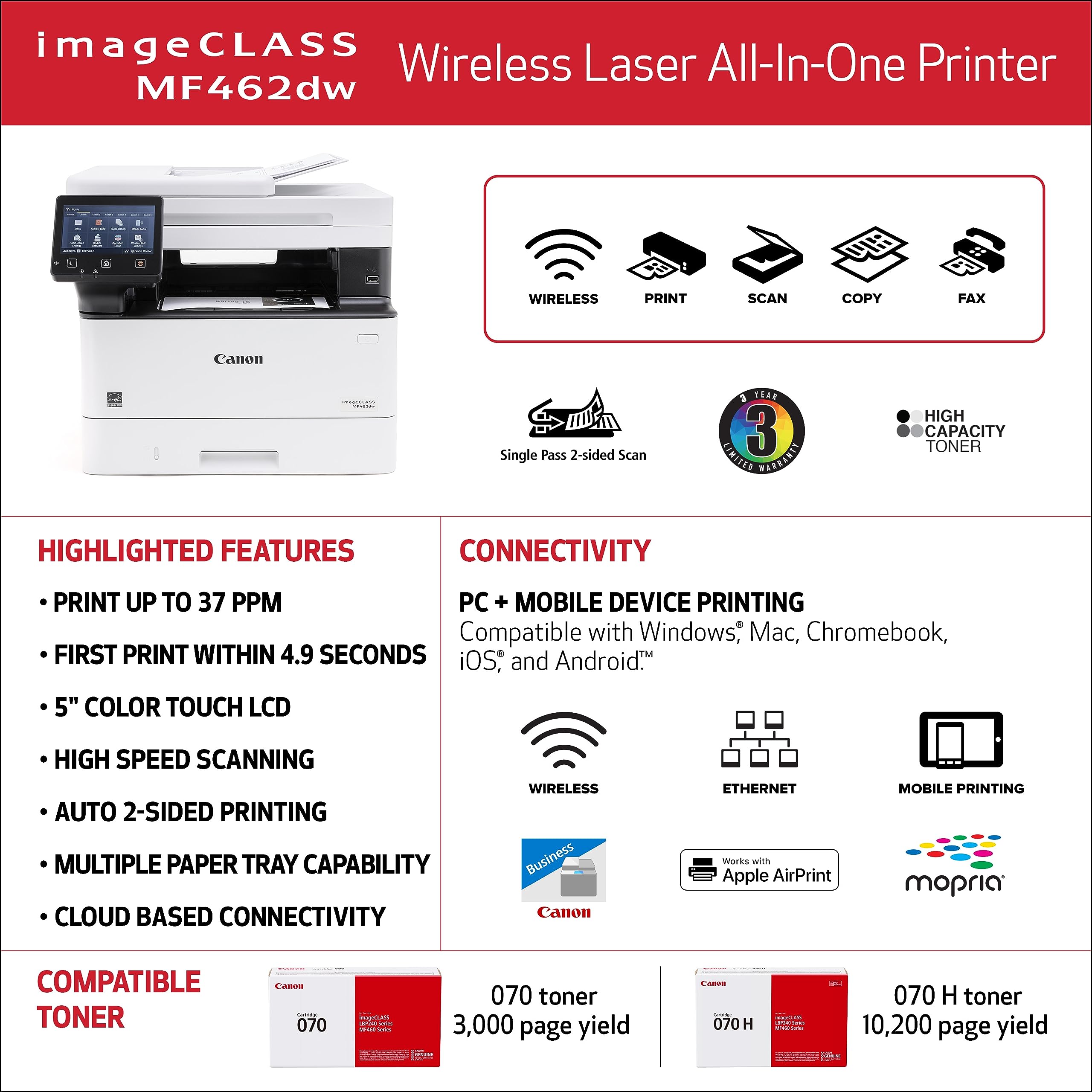 Canon imageCLASS MF462dw Wireless Monochrome Laser Printer - All-in-One with Scanner, Copier & Fax | 37 PPM, Auto Document Feeder, Mobile Printing | Ideal for Home Office & Small Business | White (3-Year Warranty)