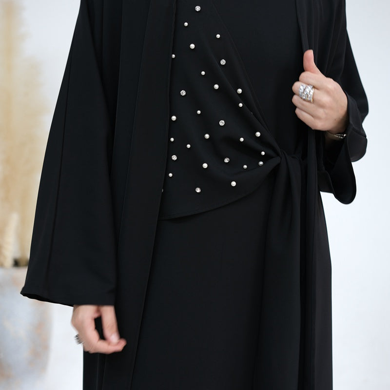 2-Piece Spandex Pearl Open Abaya Dress Set for Muslim Women - Elegant Prayer Dress for Mosque, Eid, and Special Occasions
