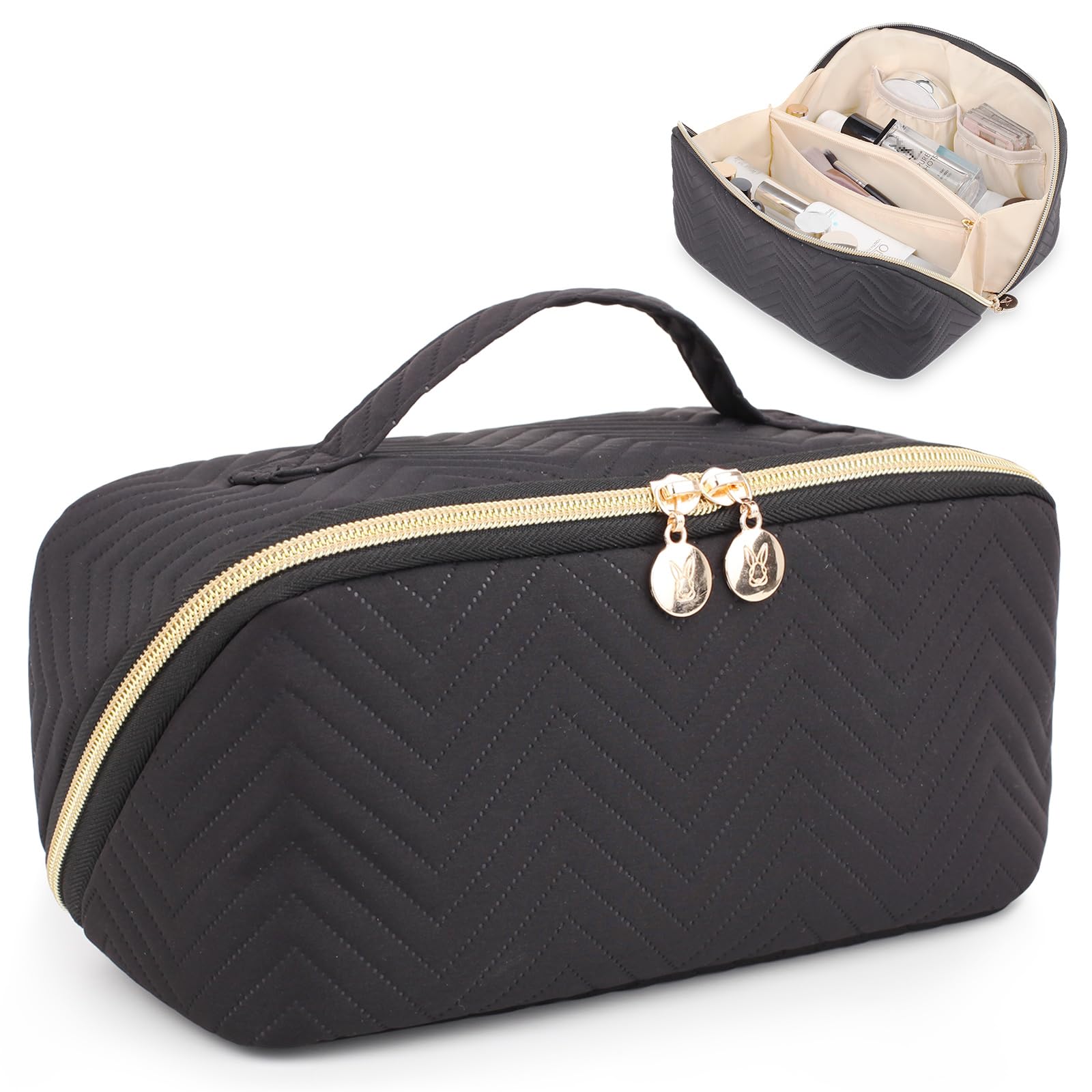 Large Water-Resistant Makeup Bag for Women - Travel Cosmetic Organizer with Portable Pouch, Handle & Dividers (Black) | Perfect for Vacation, Gym & Daily Essentials Storage