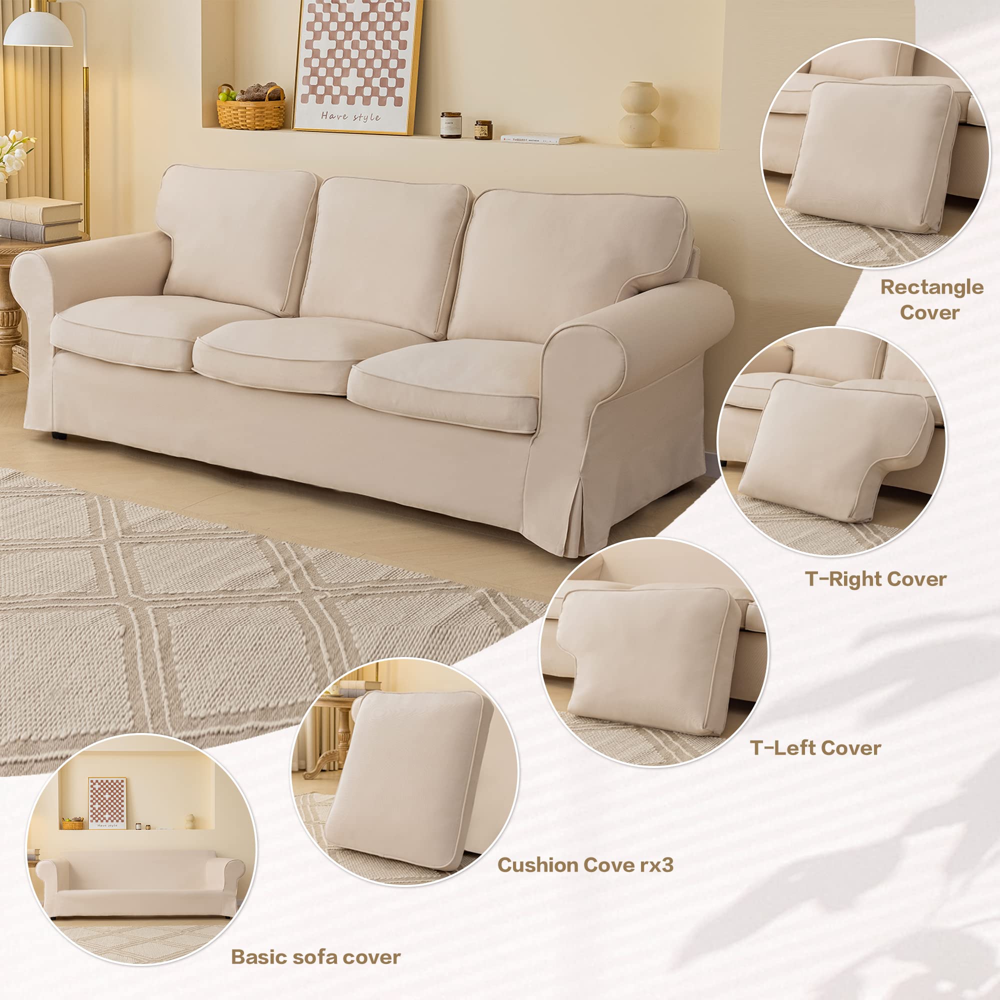 Waterproof Beige Linen Sofa Cover for IKEA Ektorp 3-Seater - Custom Fit 7-Piece Set | Spill Protection & Pet-Friendly Living Room Furniture Protector