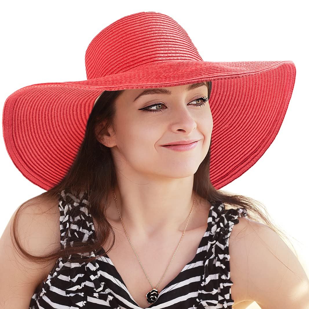 Women's Wide Brim Floppy Beach Sun Hat - Light Red Summer Sun Hat for Outdoor Activities, Travel & Vacations - Large Hanging Closet Storage Organizer for Hats