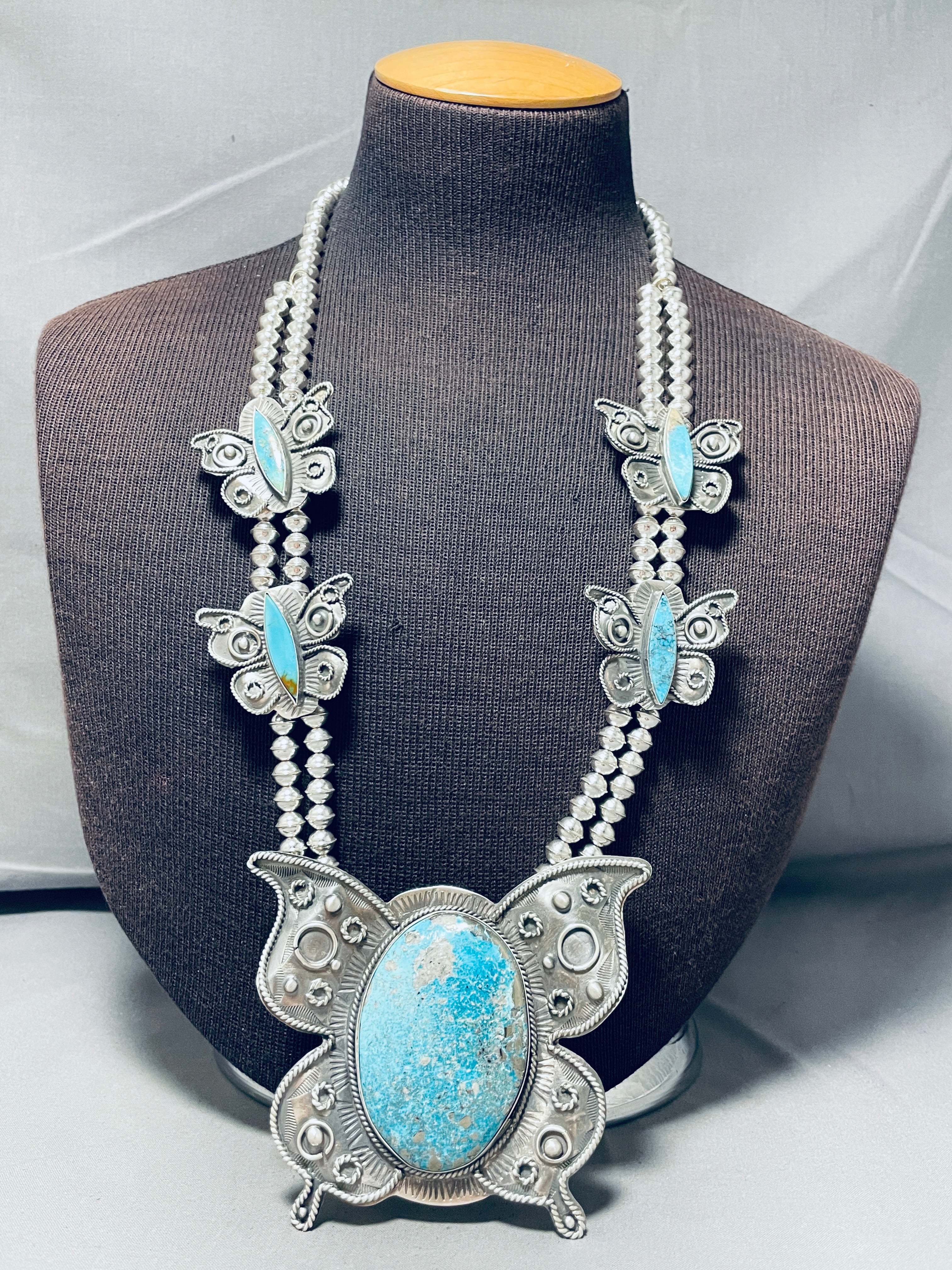 203 Grams Authentic Navajo Sterling Silver Squash Blossom Necklace with Natural Turquoise - Handmade Native American Jewelry for Women, Perfect for Weddings, Ceremonies and Boho Fashion
