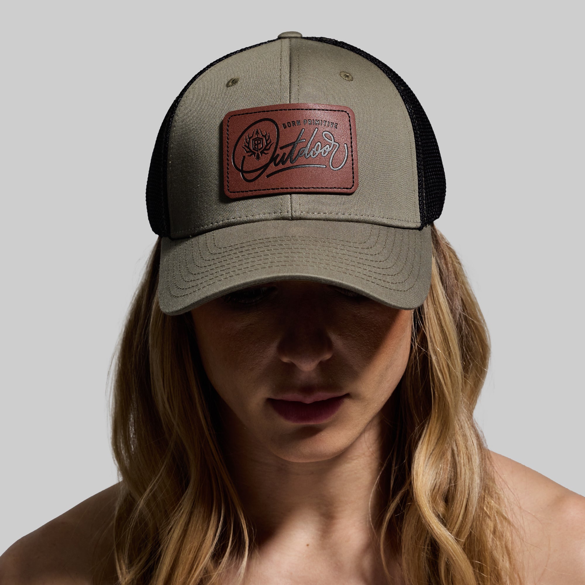 Outdoor Leather Patch FLEX Trucker Hat - Adjustable Snapback Cap in OD Green & Black - Perfect for Hiking, Camping, and Outdoor Adventures