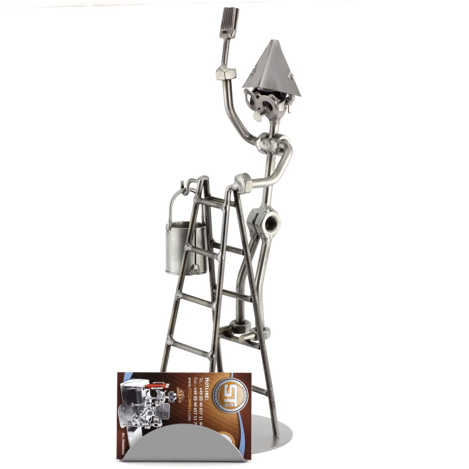Handmade Metal Nuts and Bolts Sculpture - Personalized Engraved Painter Figurine with Business Card Holder | Unique German-Made Office Desk Decor & Gift for Artists