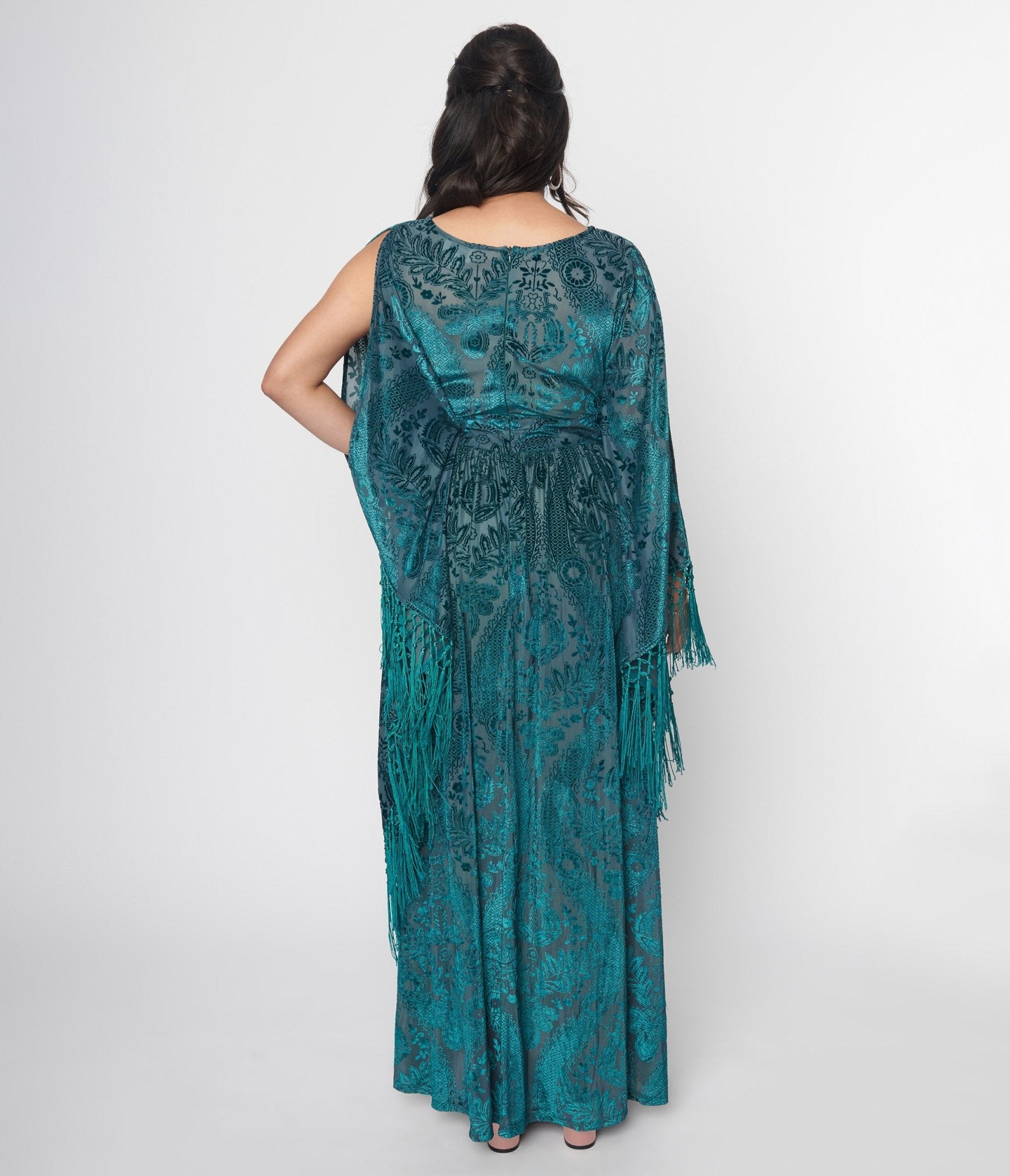 Vintage Emerald Green Floral Print Fringe Flutter Sleeve Caftan Dress - Perfect for Beach Cover Up, Boho Festival Wear & Summer Vacation Outfits