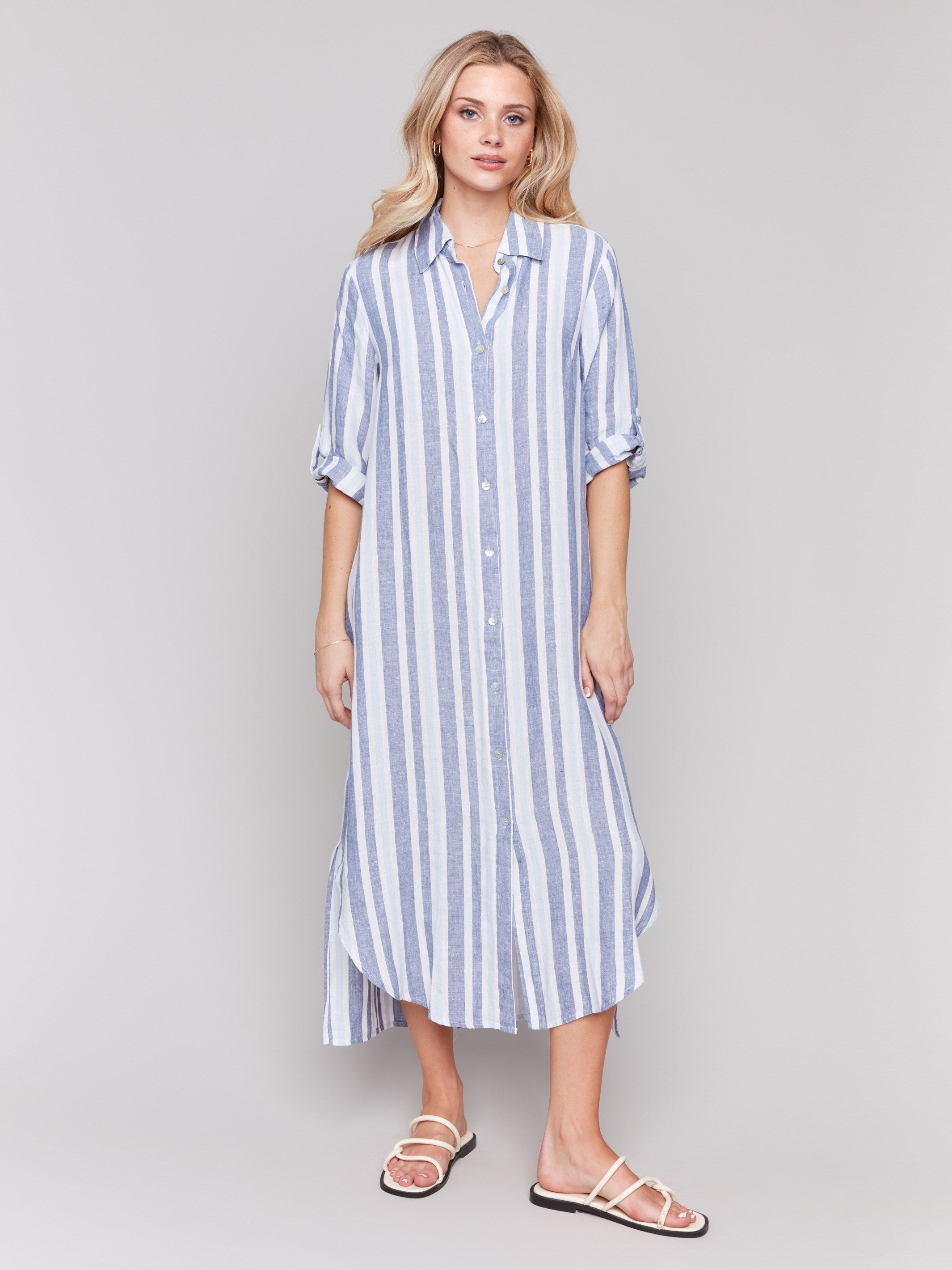 Breathable Striped Linen Blend Tunic Dress for Women - Summer Casual Wear, Beach Cover Up & Boho Chic Outfit