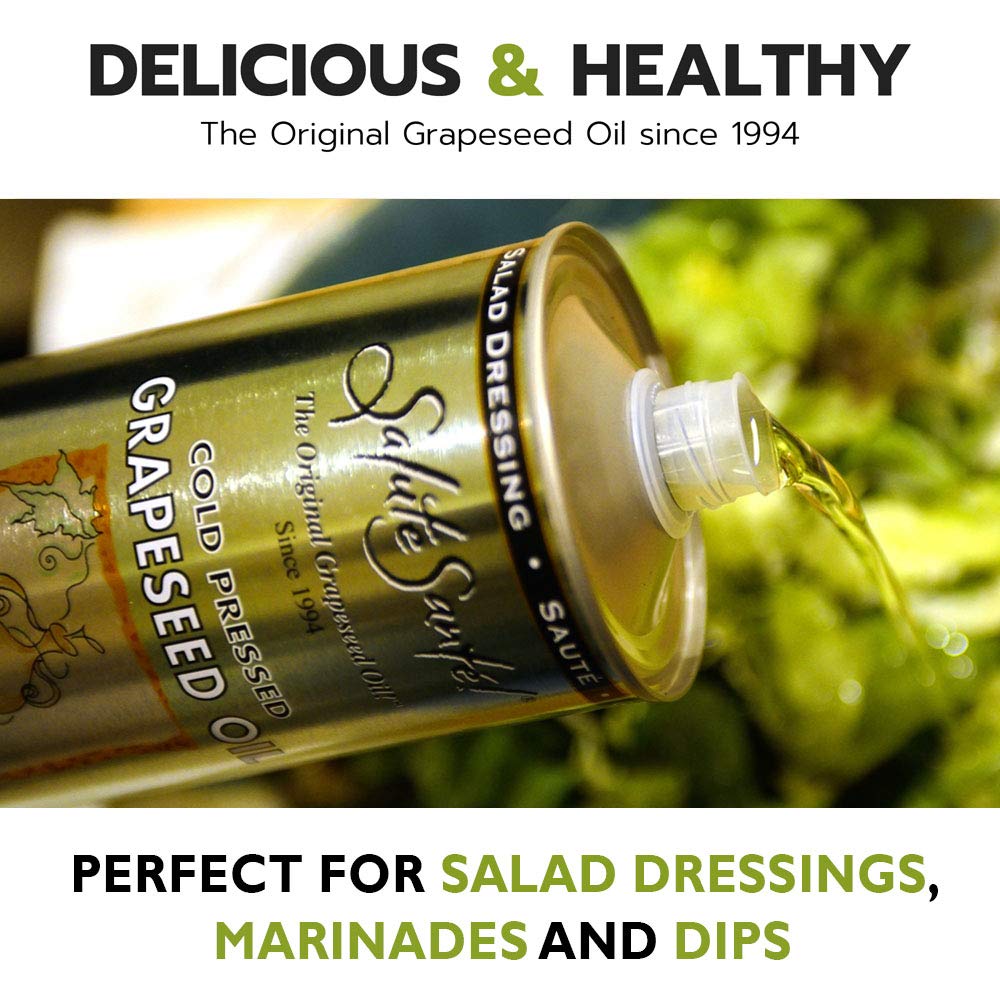 Salute Sante Cold Pressed Grapeseed Oil - 6 Pack (500ml Each) | Non-GMO, Kosher Certified, Vegan Cooking Oil for High Heat & Healthy Recipes | Perfect for Salad Dressings, Marinades, Dips & Baking | Ideal for Mediterranean Dishes, Stir-Fries & Homemade Sauces