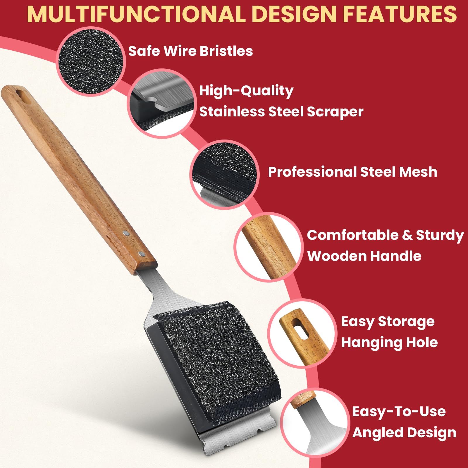 Stainless Steel BBQ Grill Brush with Wooden Handle - Bristle-Free Grill Cleaner with Replacement Head & Scraper for Outdoor Gas, Charcoal Grills - Perfect for Backyard Cookouts, Camping & Picnics
