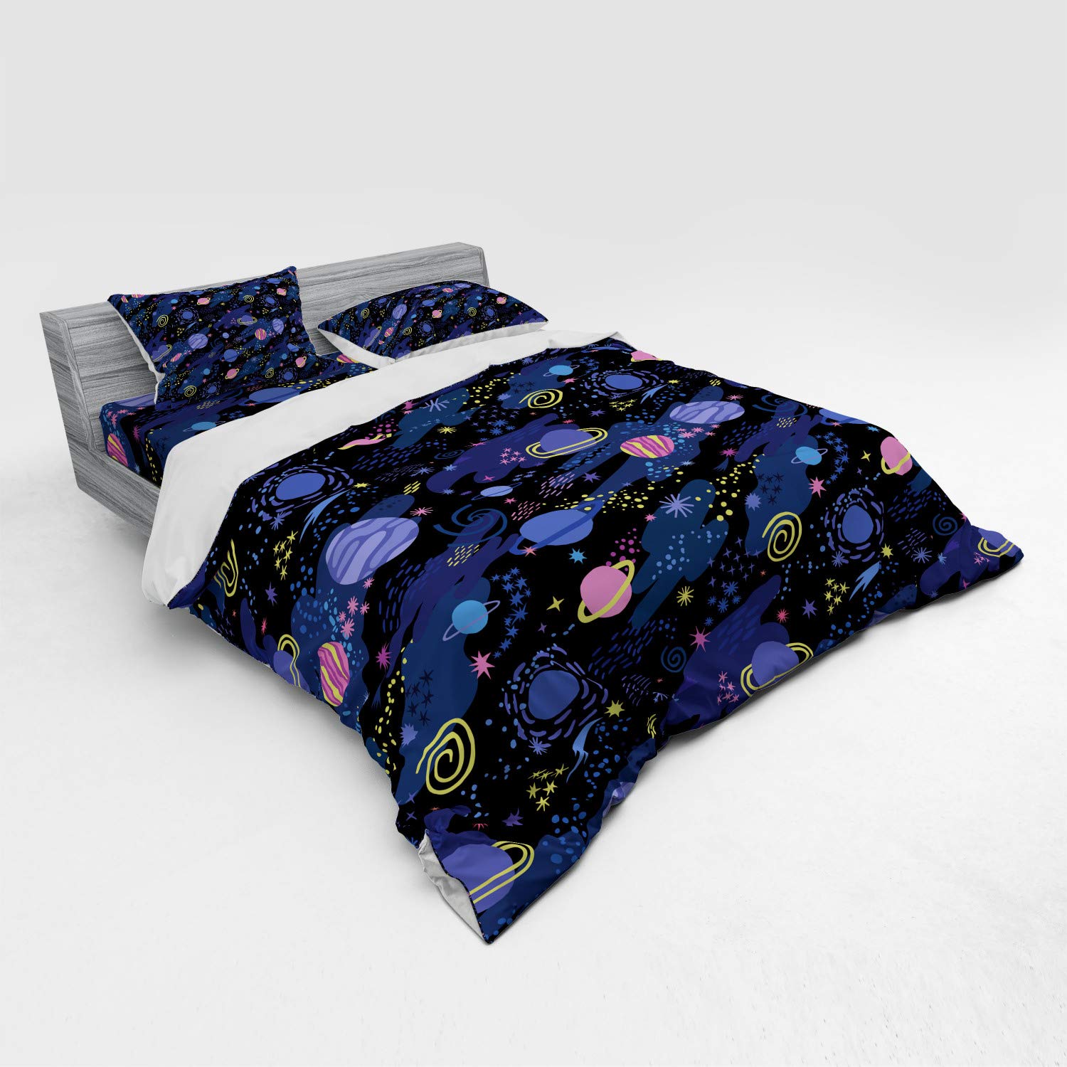 Ambesonne Galaxy Duvet Cover Set - King Size 4-Piece Bedding Set with Pillow Shams & Fitted Sheet, Outer Space Planets Cosmic Milky Way Zodiac Moon Design in Dark Blue & Pink - Perfect for Astronomy Lovers, Kids' Room Decor, or Unique Gift Idea