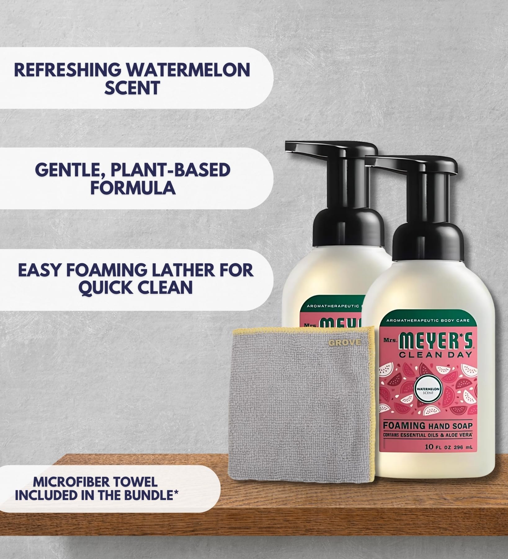 GROVE Clean Day Organic Watermelon Scent Foam Hand Soap 10 oz (3-Pack) with Microfiber Cloth - Natural Moisturizing Hand Wash for Kitchen, Bathroom & Office - Refreshing Scent for Daily Hand Hygiene & Gentle Skin Care