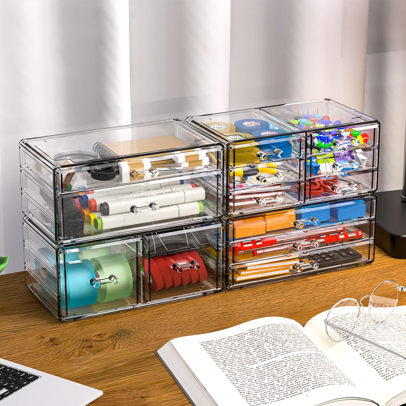 4-Pack Clear Acrylic Drawer Organizer - Stackable 13-Drawer Makeup Storage Cube for Dresser, Hair Clips & Beauty Products - Perfect for Vanity, Bathroom & Desk Organization (13.5