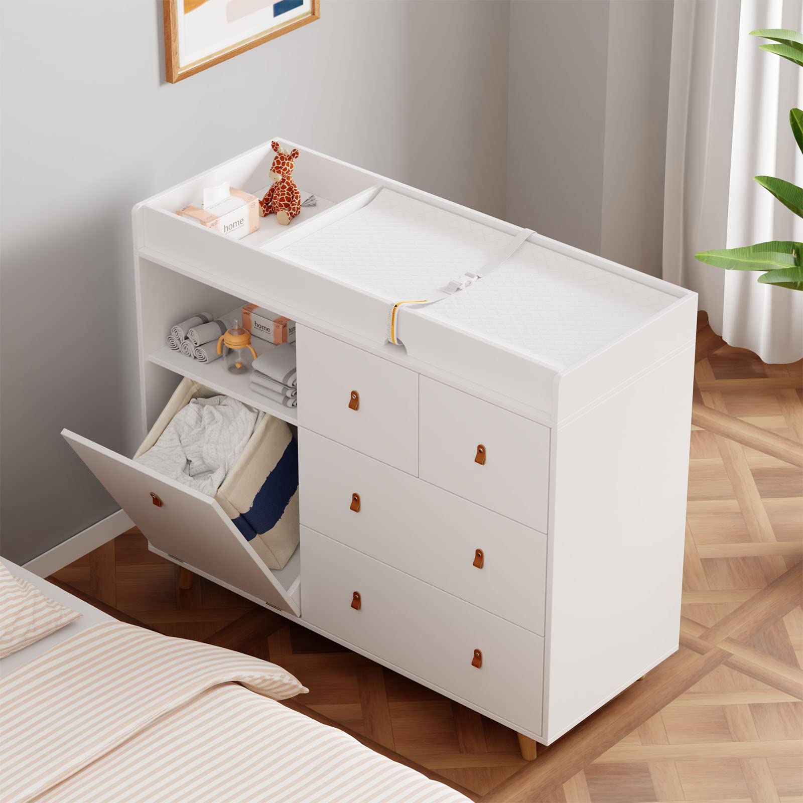 Baby Changing Table with Drawers & Hidden Trash Storage - 45 Inch Nursery Dresser, Infant Changing Station & Storage Chest - White - Perfect for Baby Nursery Organization & Diaper Changing Convenience