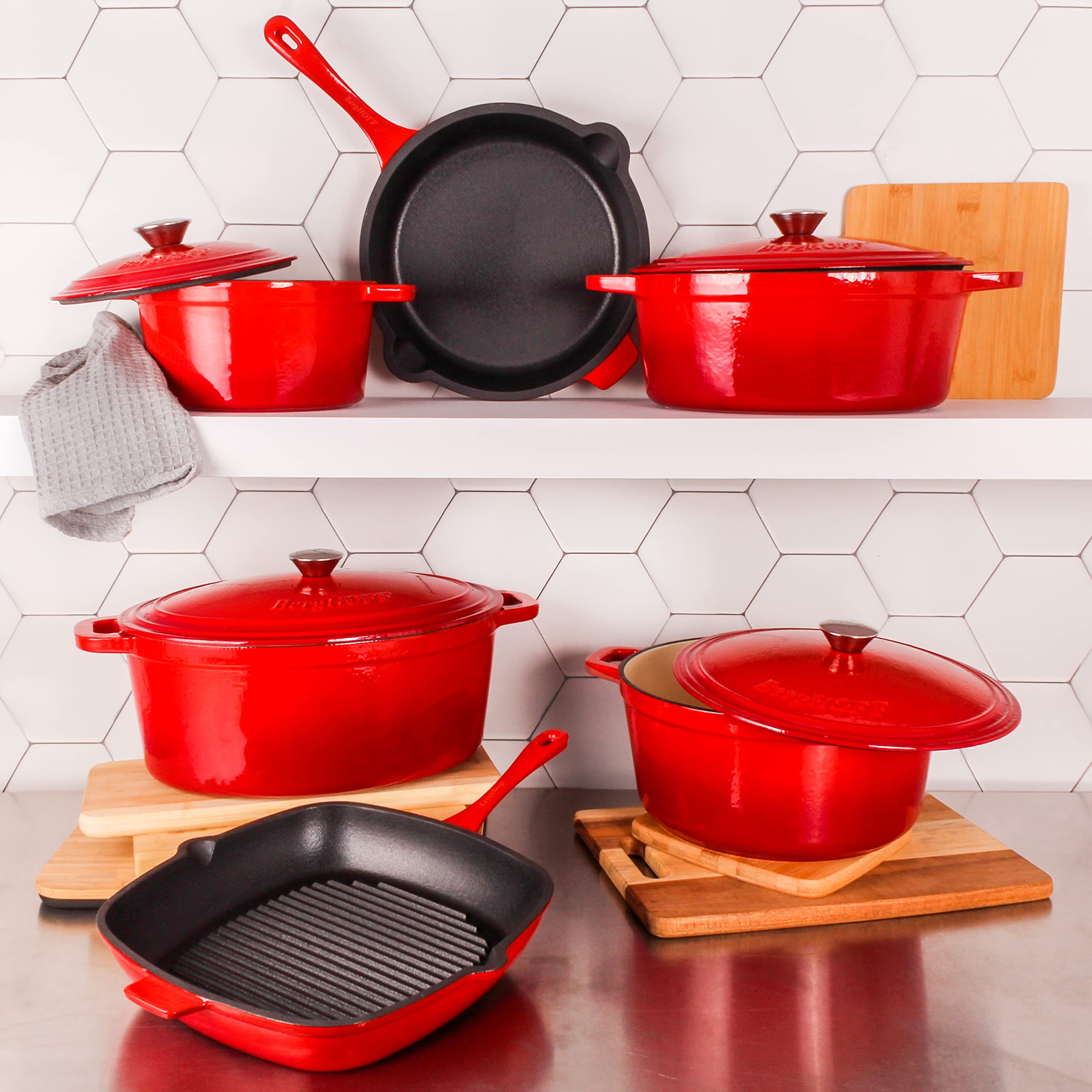 Berghoff Neo 11 Inch Red Cast Iron Grill Pan - Heavy Duty Skillet for Steak, Chicken & Vegetables - Perfect for Stovetop, Oven & Outdoor Cooking