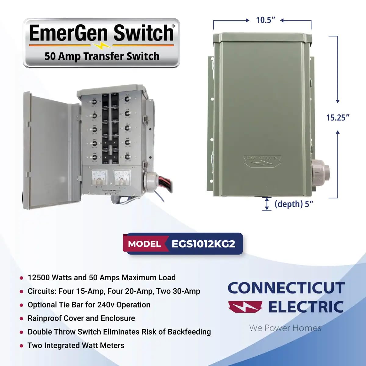 Connecticut Electric EmerGen 50 Amp Transfer Switch - 10-Circuit, 12500 Watts Generator Power Transfer Panel for Home Backup & Emergency Power Outages