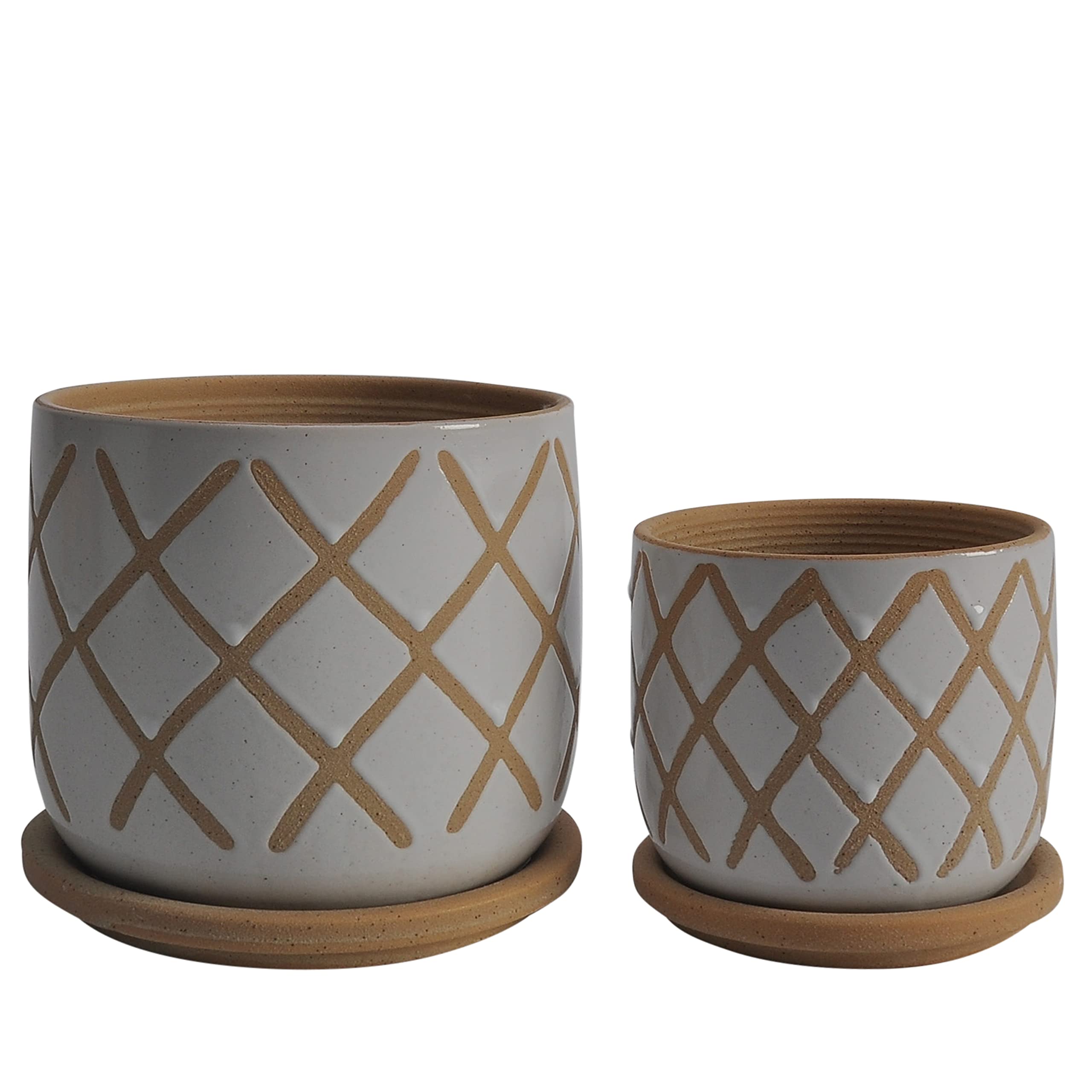 Set of 2 White Ceramic Planters with Saucers - 5