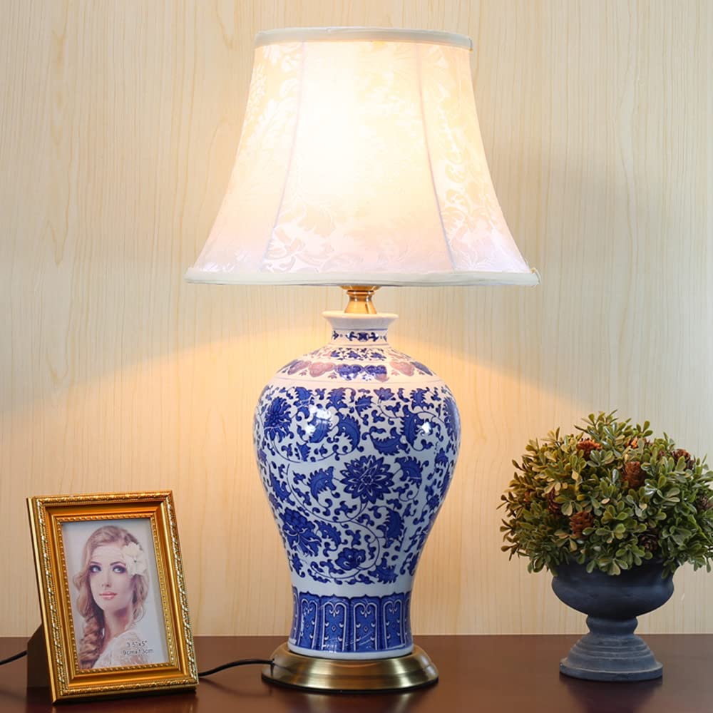 66 x 30 cm Blue and White Porcelain Table Lamp - 5 Styles Available, Chinese Ceramic Desk Lamp with Glazed Finish, Art Deco Antique Design for Bedroom, Living Room, or Office Decor