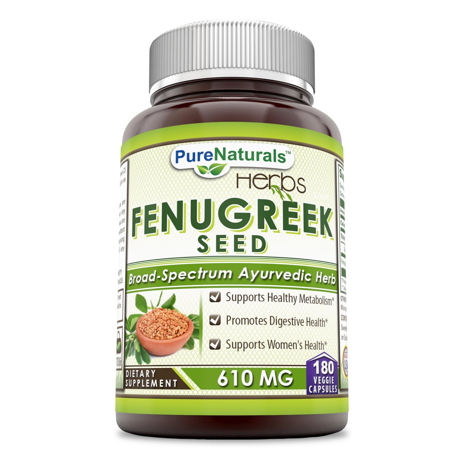 Pure Naturals Fenugreek Seed 610mg, 180 Capsules - Herbal Supplement for Digestion & Lactation Support - Perfect for Postpartum & Women's Wellness