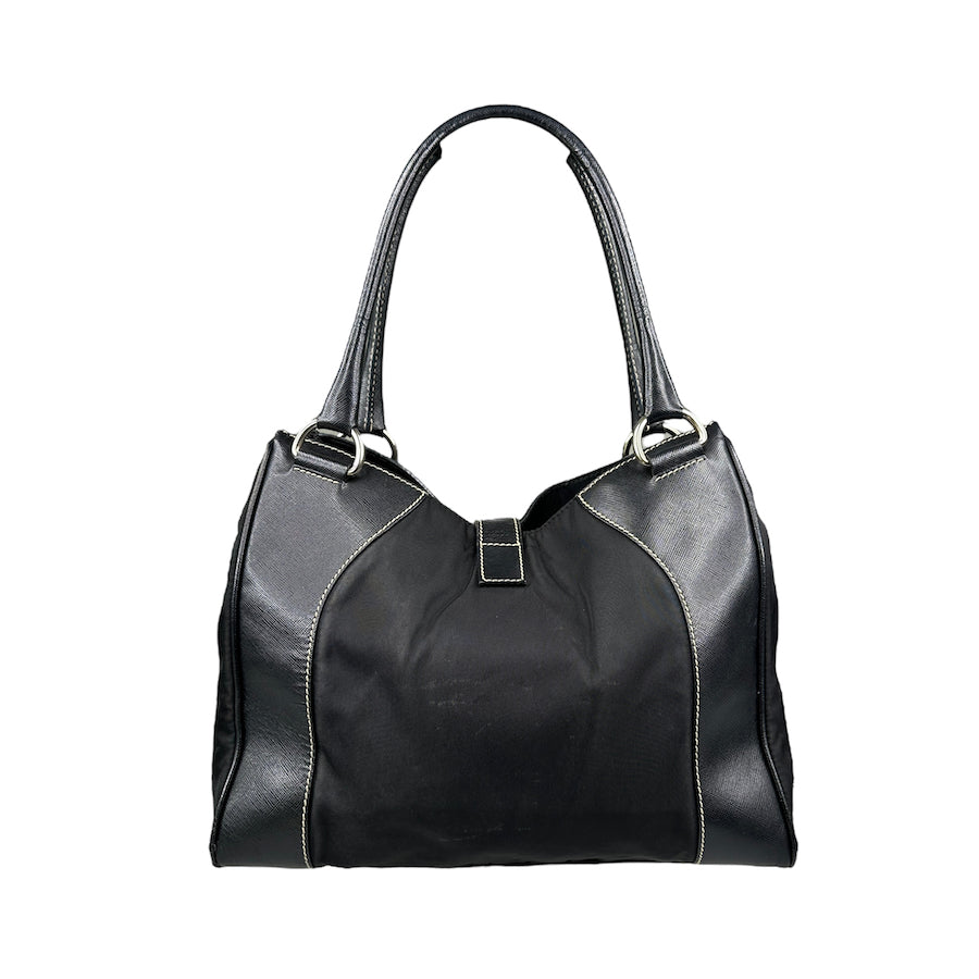 Prada Black Nylon & Leather Belt Buckle Shoulder Bag for Women | Luxury Designer Crossbody Purse for Work, Travel & Everyday Use