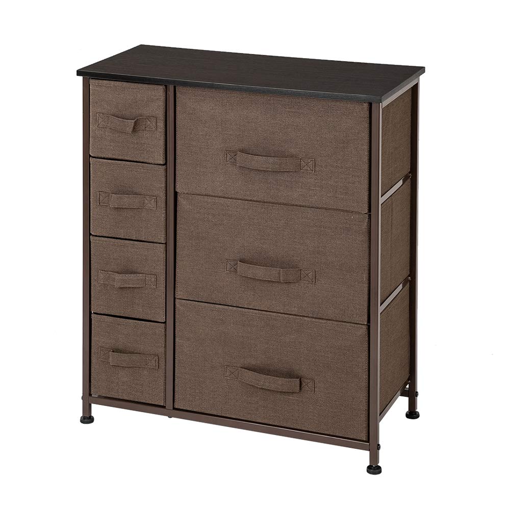 7-Drawer Dresser Storage Tower with Steel Frame & Wood Top - Easy Pull Fabric Bins for Bedroom, Hallway, Closet & Office Organization (Brown) | Perfect for Small Space Storage & Home Decor
