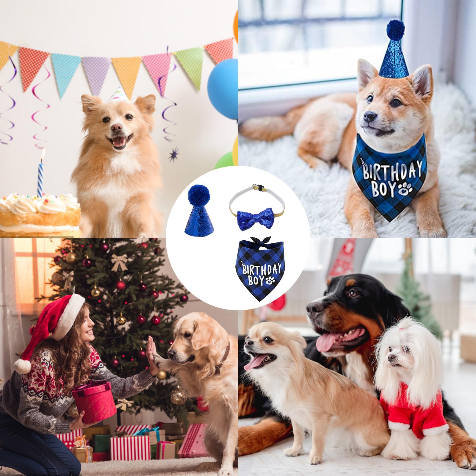 3pcs Dog Birthday Bandana, Bow Tie & Hat Set - Plaid Pet Party Outfit for Dogs & Cats - Reusable Birthday Party Supplies for Puppy & Kitten Celebrations (Perfect for Birthday Photos, Pet Costume Parties & Holiday Dress-Up)