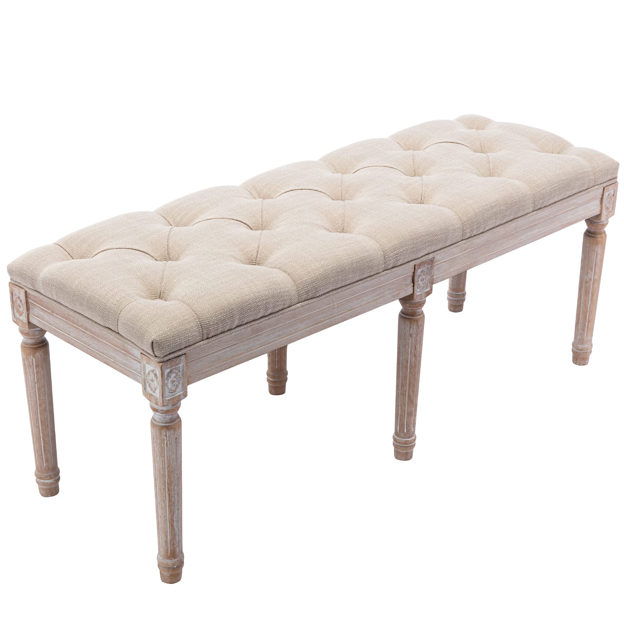 Fabric Upholstered Dining Bench with Rustic Wood Legs - Classic Entryway Ottoman & Bedroom Bench in Beige - Perfect for Farmhouse Dining Rooms, Hallway Seating & Cozy Bedroom Decor