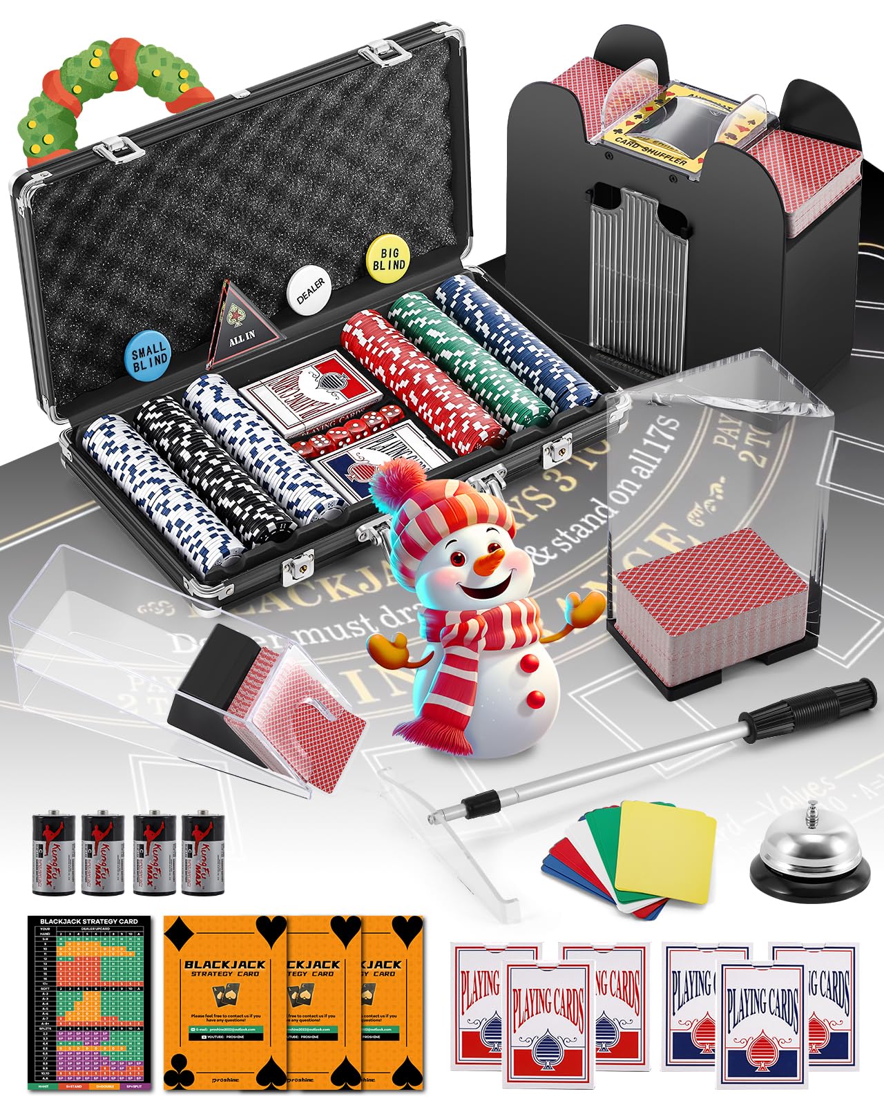 Premium Blackjack Casino Game Set - 300 Poker Chips, Automatic Card Shuffler, 8 Decks of Playing Cards, Felt Layout, Card Shoe & Accessories for Home Poker Nights & Casino-Themed Parties