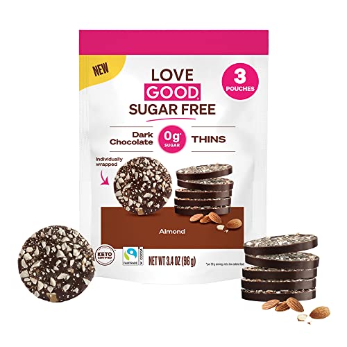 Sugar Free Keto Dark Chocolate Almond Bark Thins - Love Good Fats 3.4 oz (3 Pack) - 3g Net Carbs, Gluten-Free, Plant-Based, Naturally Sweet Cocoa - Individually Wrapped for On-the-Go Snacking, Office Treats & Low-Carb Desserts