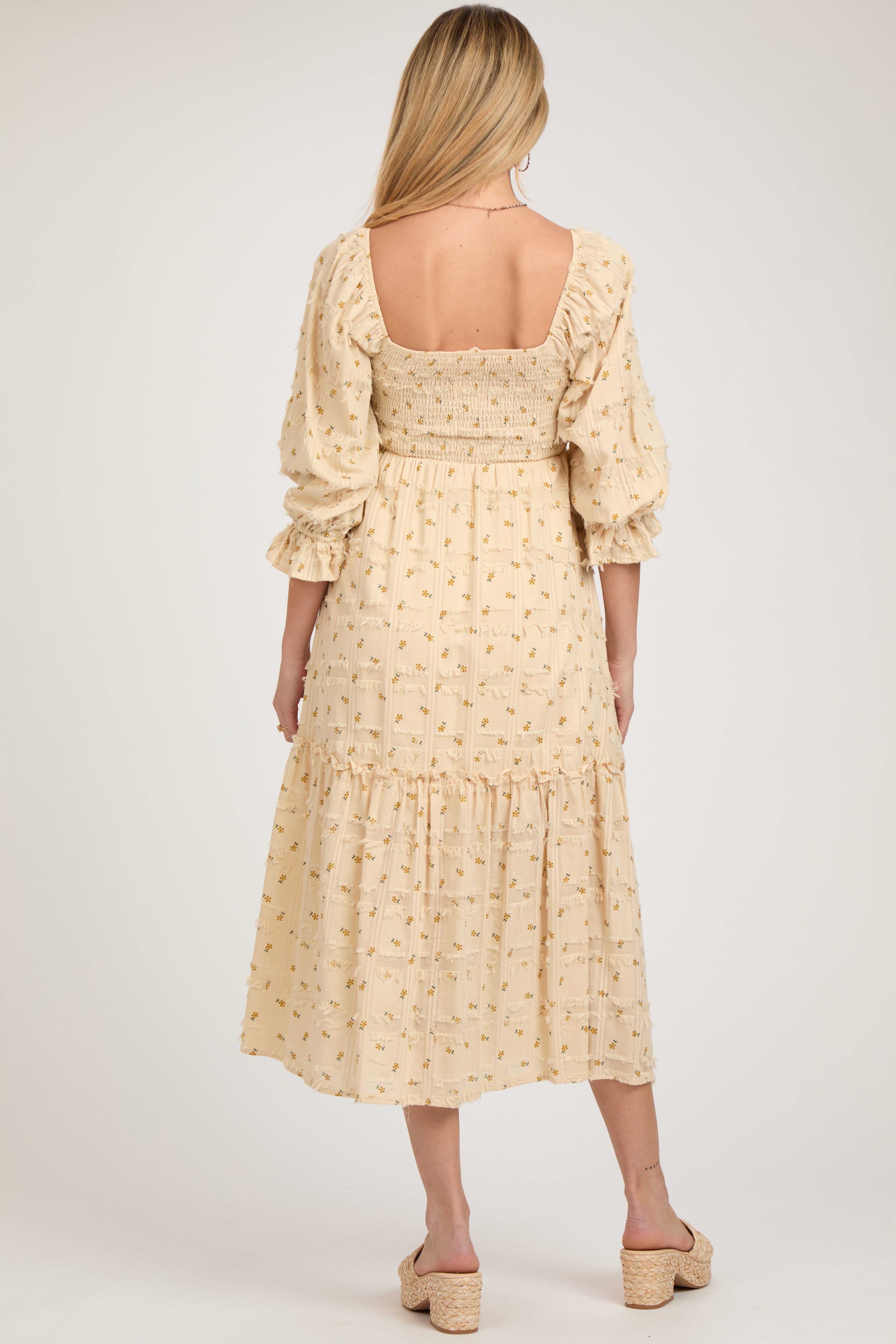 Beige Floral Print Square Neck Smocked Maternity Dress with Fringe Detail - Perfect for Baby Showers, Maternity Photos & Summer Outfits