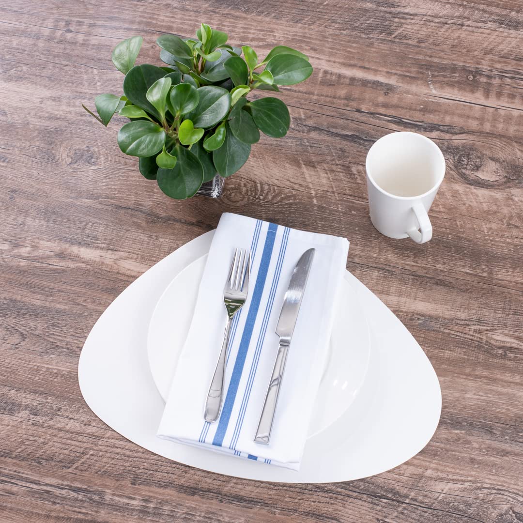 16 Inch White Vinyl Placemats Set of 6 - Egg-Shaped, Stain-Resistant, Embossed Leather-Like Texture for Table Protection - Perfect for Dining Tables, Restaurants, and Home Decor