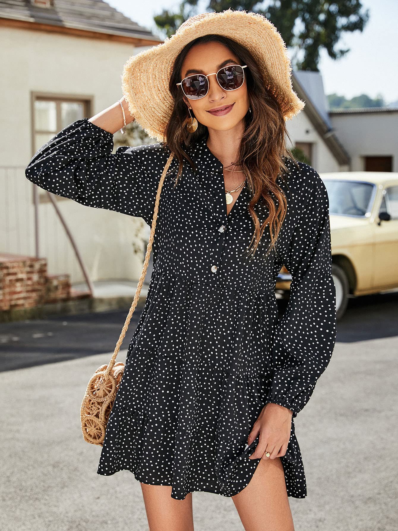 Women's Polka Dot V-Neck Button Down Ruffle Mini Dress - Loose Fit Long Sleeve T-Shirt Dress (Black, Large) | Casual Summer Outfit, Date Night, Office Wear & Vacation Dress