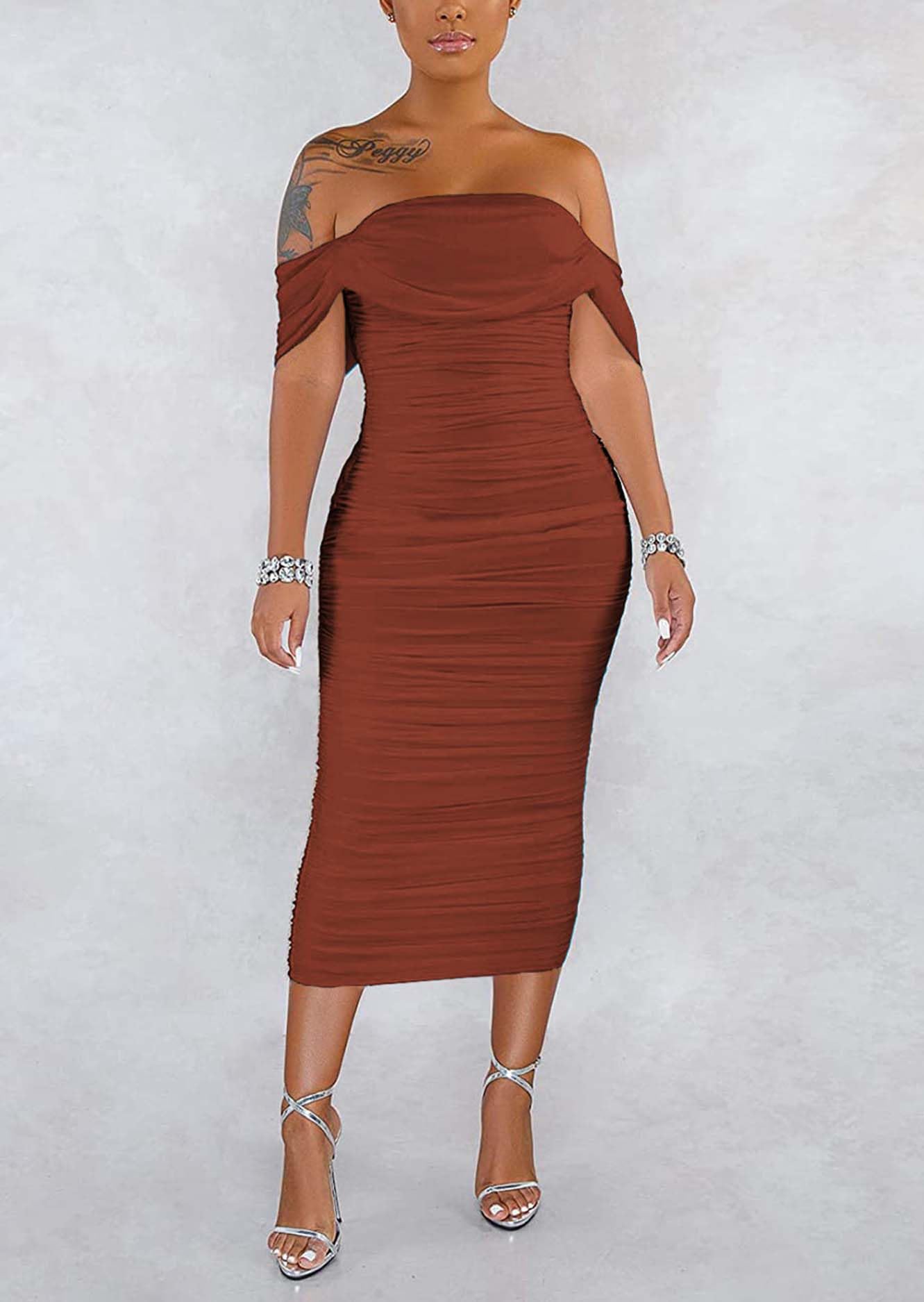 Sexy Off Shoulder Sleeveless Bodycon Dress for Women - Ruched Midi Cocktail Party Dress, Elegant Evening Gown for Night Out, Date Night & Special Occasions