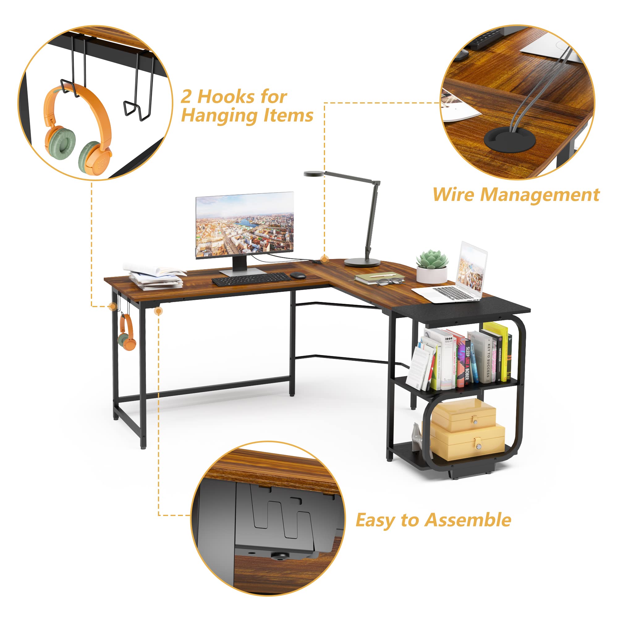 L Shaped Desk with Storage Shelves - Reversible Corner Computer Desk for Home Office & Gaming, Modern Ergonomic L-Shaped Workstation with Spacious Desktop in Teak Finish - Perfect for Small Spaces, Remote Work & PC Gaming Setups