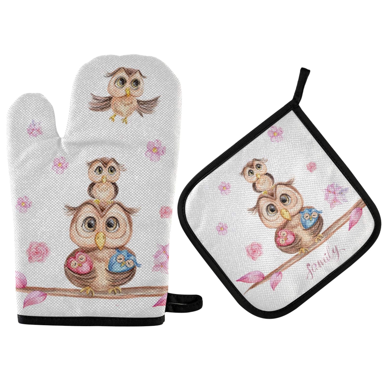 Exnundod Spring Owl Family Pot Holders & Oven Mitts Set - Floral Love Kitchen Mittens & Hot Pads for Cooking, Baking, BBQ, and Bakeware - Perfect for Home Kitchens and Outdoor Grilling