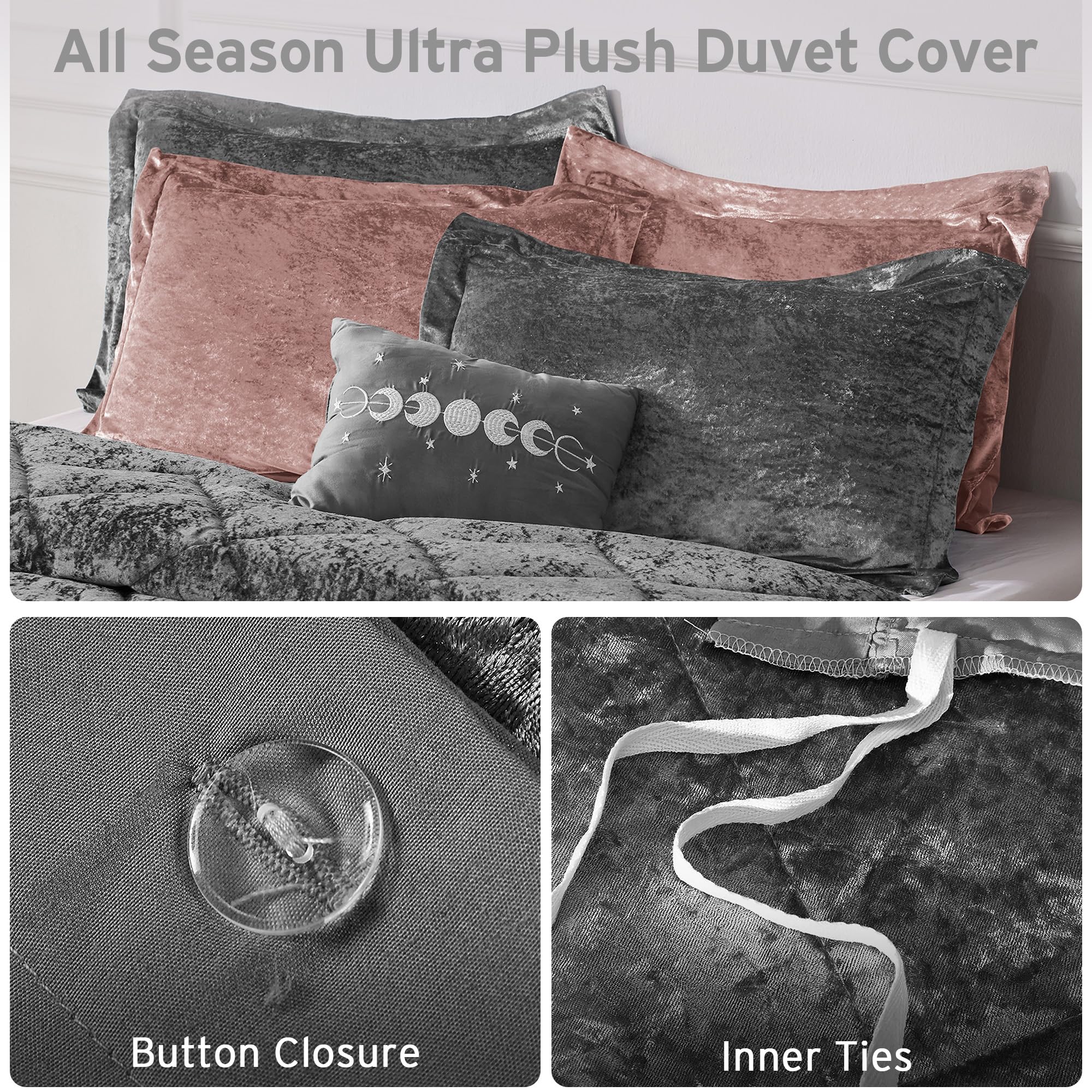Luxury Velvet Queen Duvet Cover Set - Diamond Quilting Grey Bedding with Decorative Pillow & 2 Shams (4-Piece) - Soft Fluffy Comforter Cover for Full/Queen Bed - Perfect for Master Bedroom, Guest Room & Cozy Winter Nights