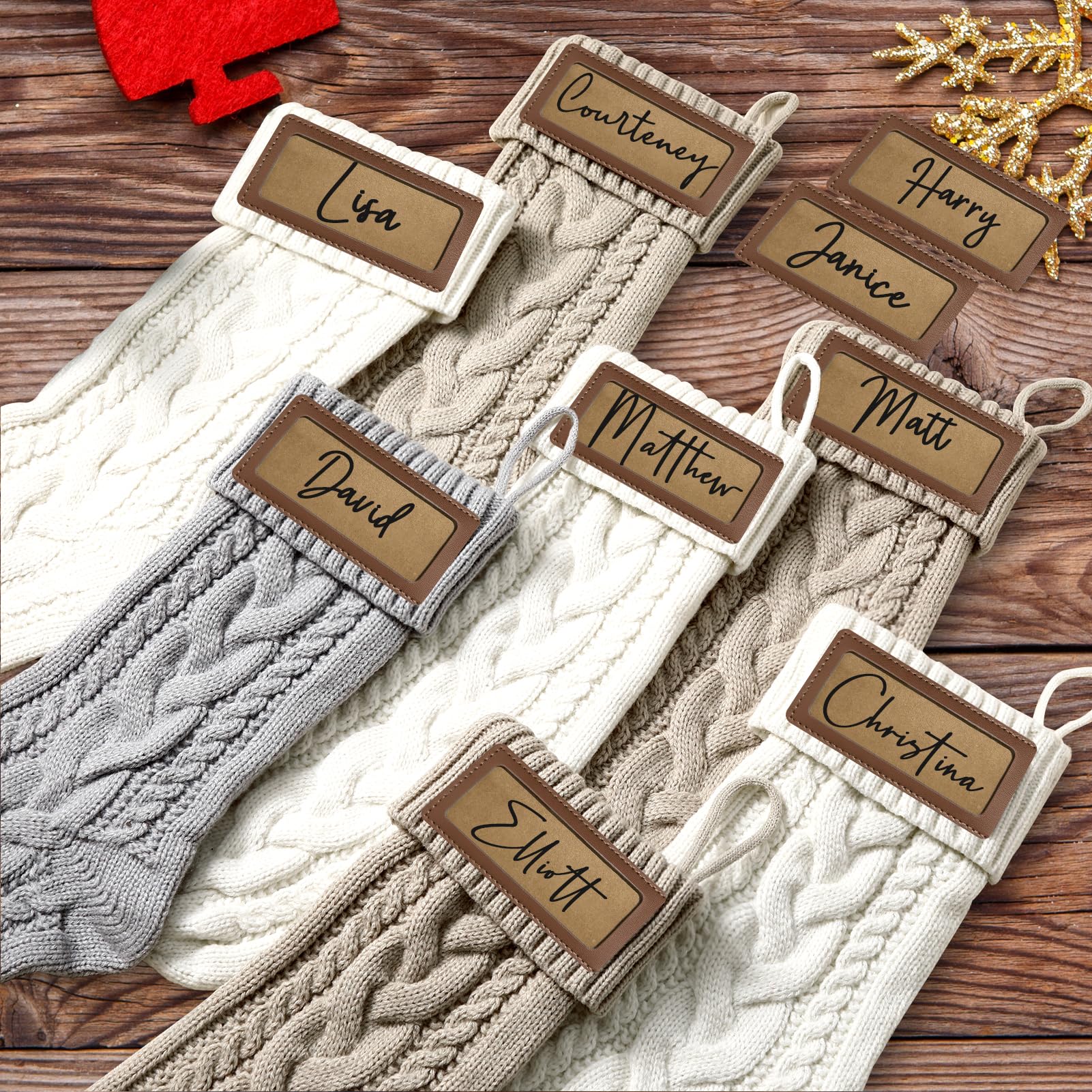 4 Pack Personalized Christmas Stockings with Leather Patches - Custom Name Family Xmas Stockings, 18.5