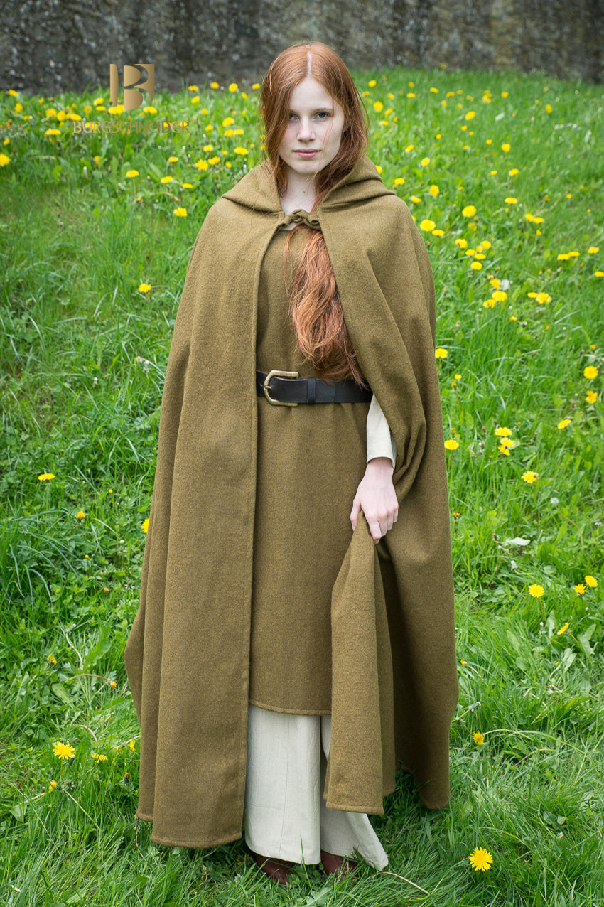 Wool Hooded Cloak for Women & Men - Warm Winter Cape Coat in Autumn Green | Perfect for Cosplay, Renaissance Fairs & Outdoor Adventures