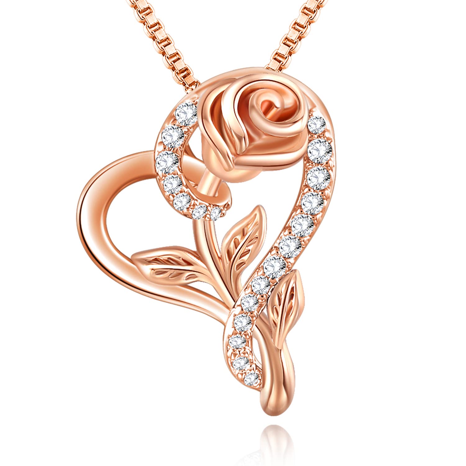Valentine's Day Rose Necklace for Women - Cubic Zirconia Heart Pendant in Silver & Rose Gold, Jewelry Gift Box Included - Perfect Romantic Gift for Anniversary, Birthday, Wedding or Special Occasion