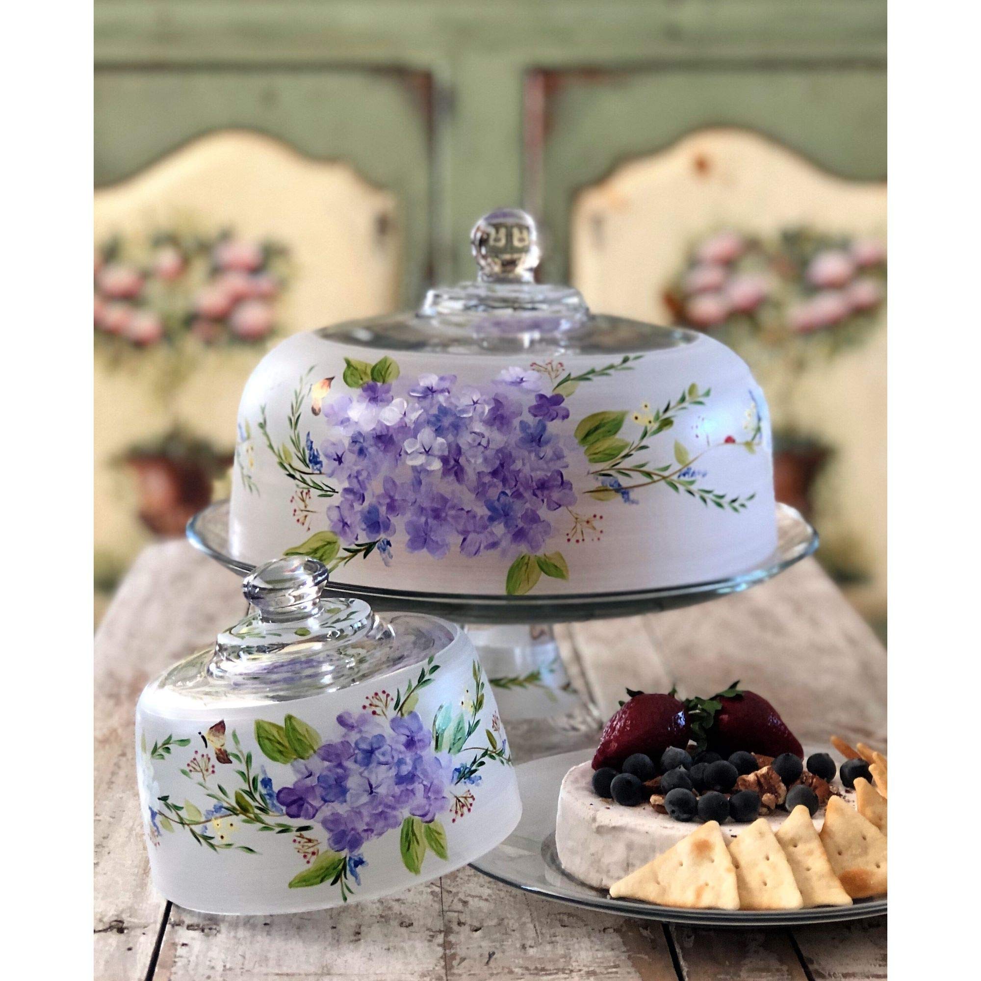 Poppy Floral Hand-Painted Glass Convertible Cake Dome - 11 Inch Large Serving Dome for Wedding, Birthday & Dessert Display | Elegant Kitchen Decor