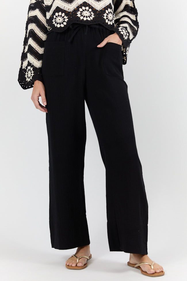 Black Gauze Wide Leg Pull On Pants for Women - Breathable & Comfortable Summer Lounge Wear - Perfect for Yoga, Beach, and Casual Outfits
