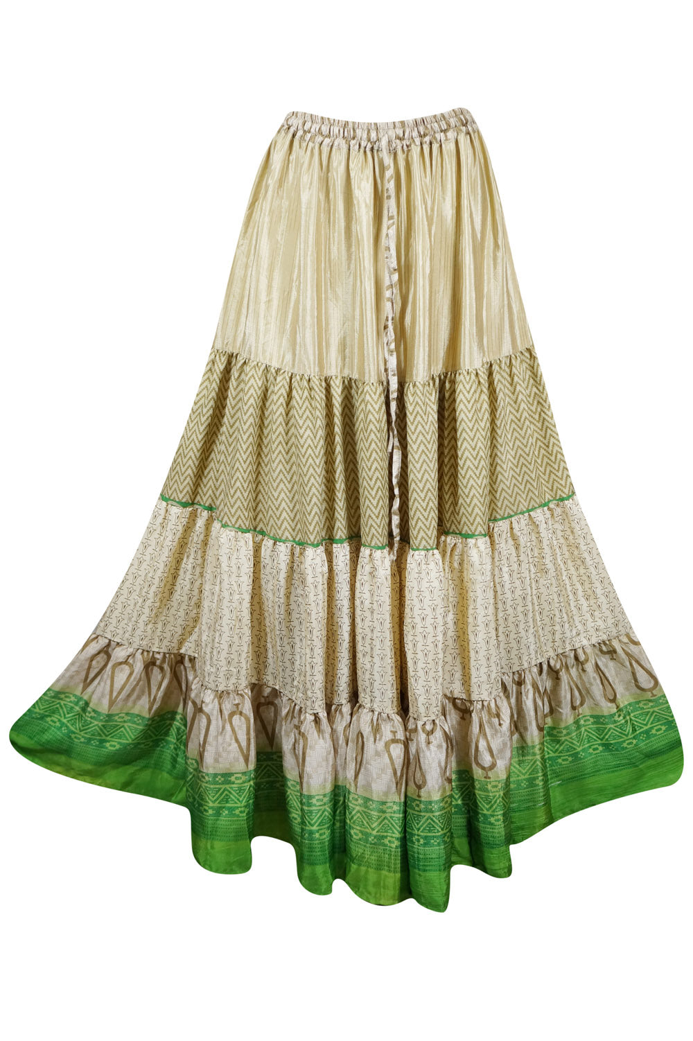 Boho Patchwork Maxi Skirt for Women - Beige & Green Beach Skirt, Size S/M - Perfect for Summer Vacations, Music Festivals & Boho Chic Outfits