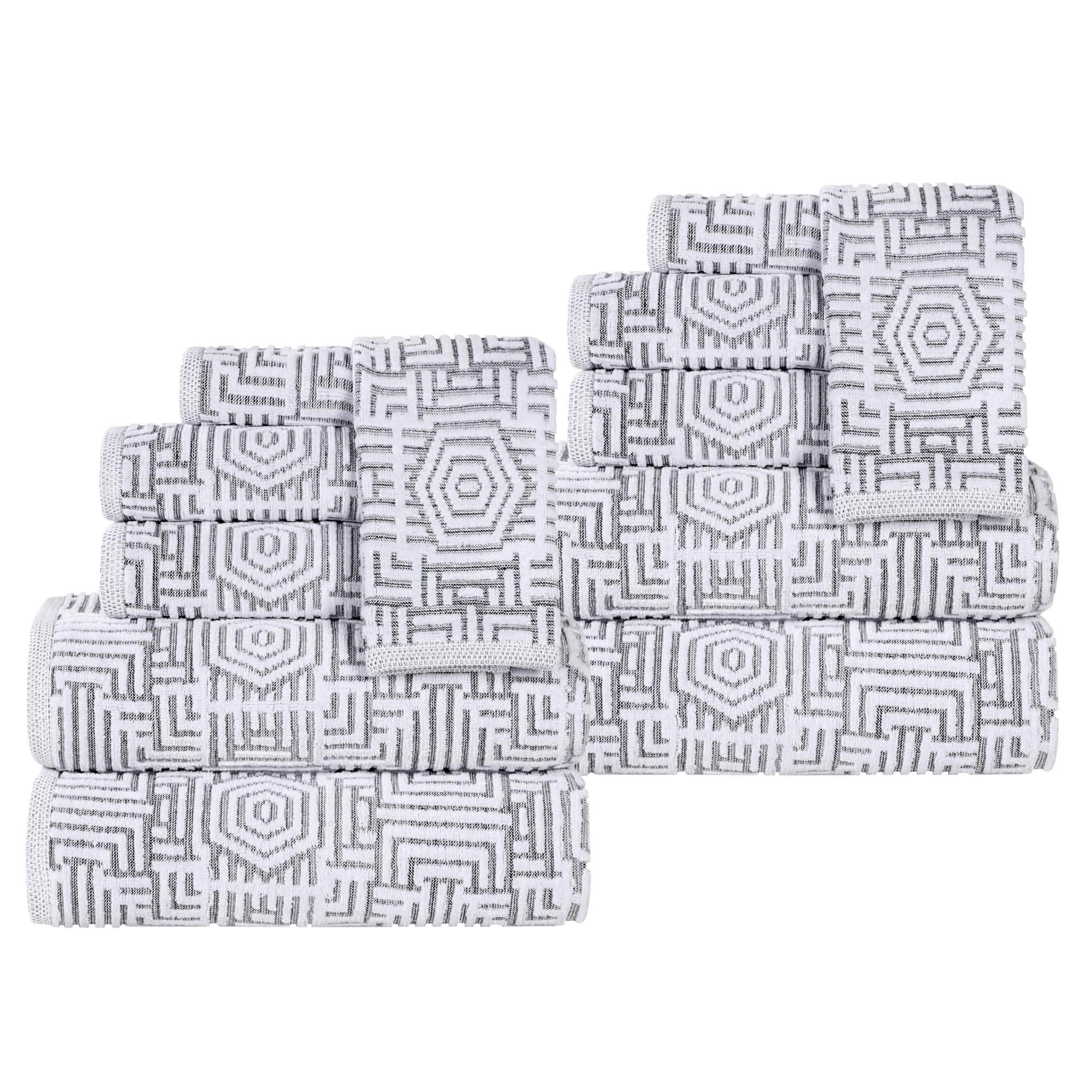Premium 12-Piece Cotton Geometric Jacquard Plush Towel Set - Ultra Absorbent & Soft Bath Towels for Spa, Guest Bathroom & Luxury Home Decor