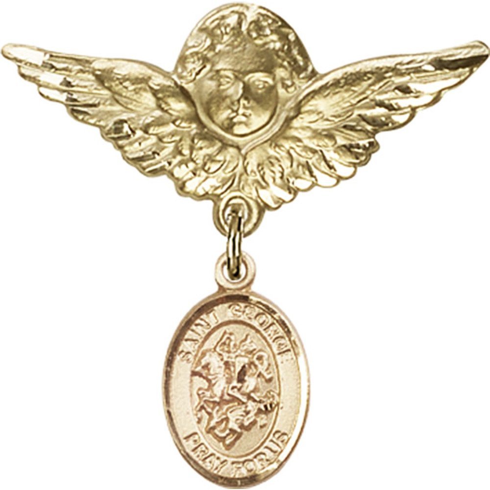 St. George & Angel Wing Gold Filled Baby Badge Pin - 1 1/8 X 1 1/8 Inch - Perfect for Christening Gifts, Baby Showers & Keepsake Jewelry