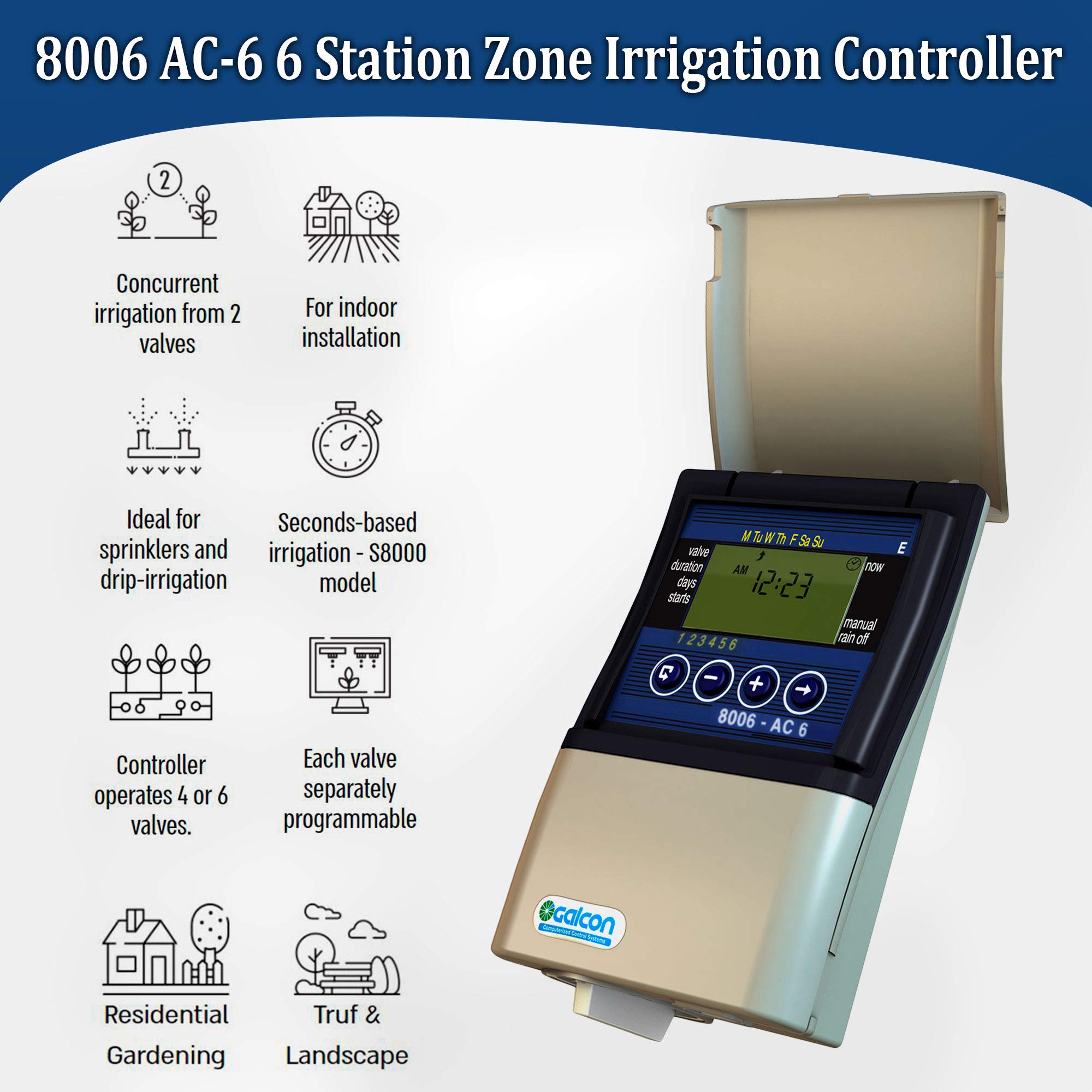 Galcon 8006 AC-6 6 Zone Automatic Sprinkler Controller - Programmable Irrigation Timer with Daily/Cyclic Settings for Lawn, Garden, Nursery & Greenhouse | Indoor Plant Watering System & Valve Box | Perfect for Residential Landscaping & Commercial Agriculture