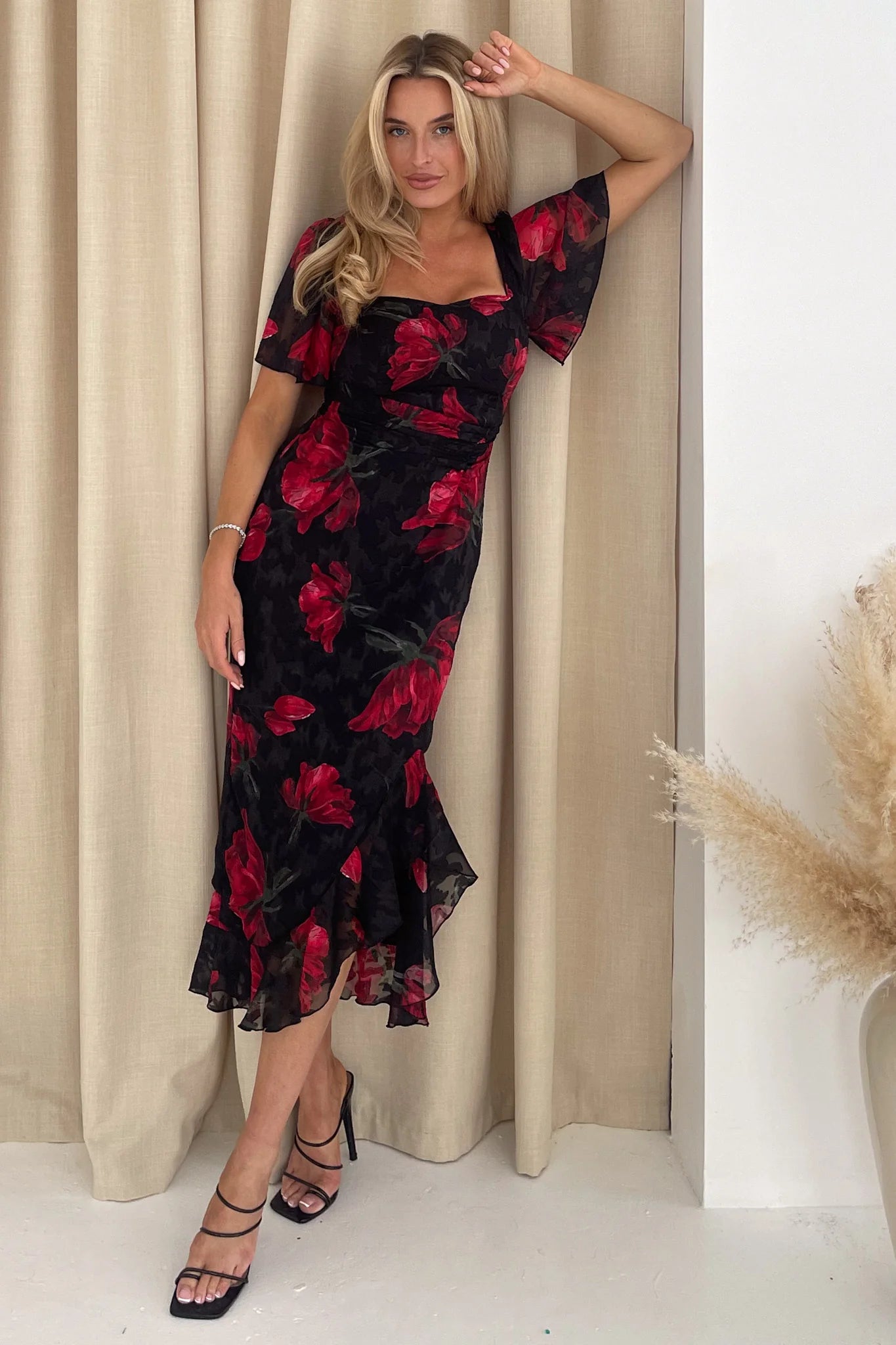 Heidi Ruched Midi Dress for Women - Floral Print Summer Dress in Black & Red | Perfect for Cocktail Parties, Date Nights & Beach Vacations