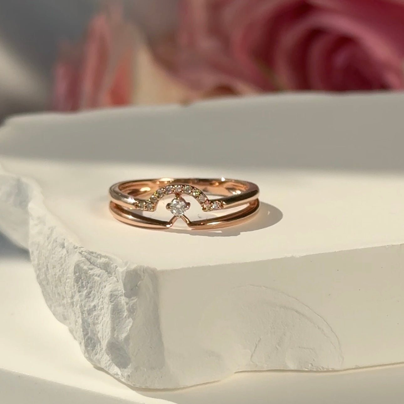 14K Rose Gold Diamond Curve Double Layer Ring - Elegant Stackable Band for Women, Perfect for Weddings, Anniversaries & Everyday Wear
