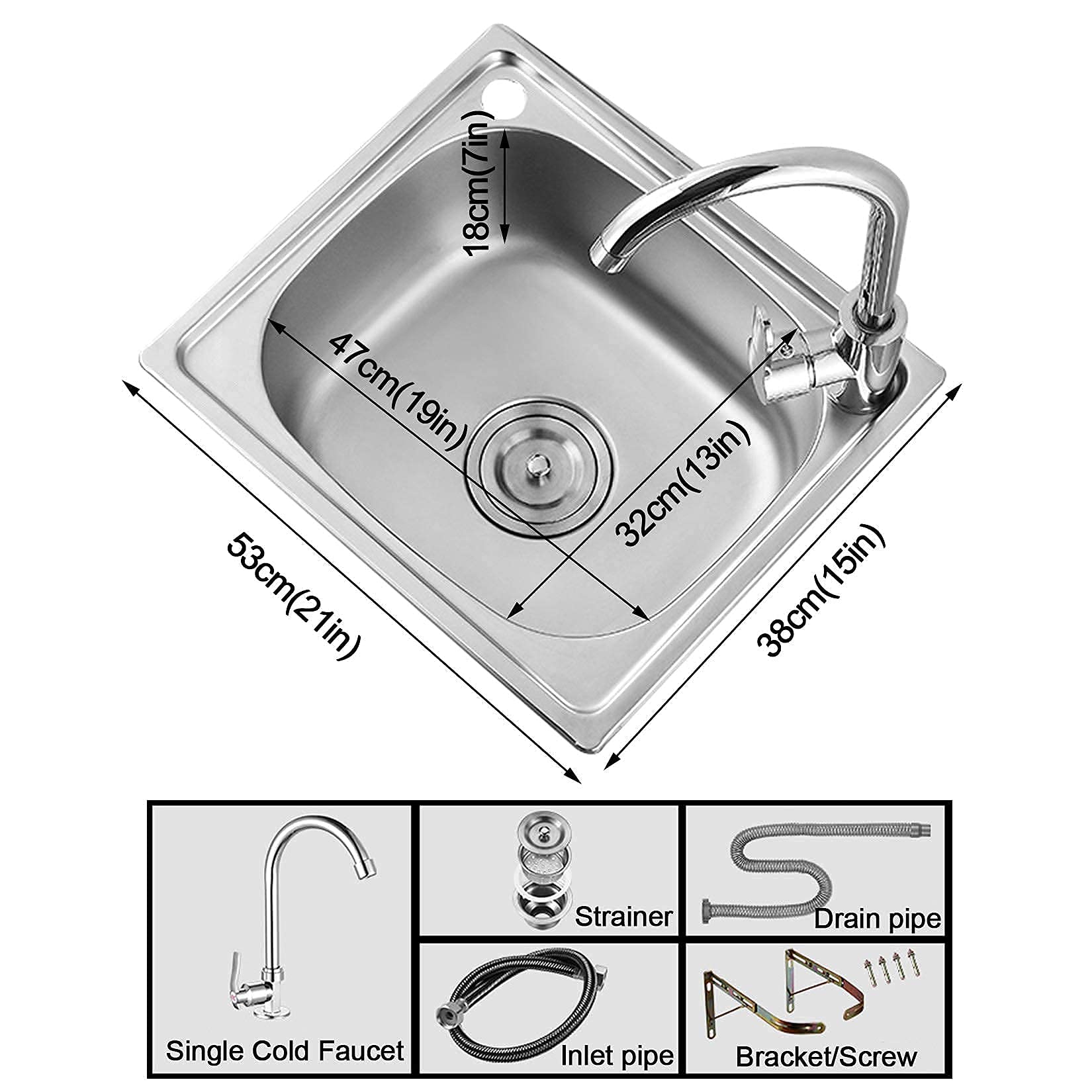 MUSUMI Wall Mount Stainless Steel Kitchen Sink with 360° Rotating Faucet - Hand Washing Basin with Built-in Strainer, Rounded Corners for Safety, Silver | Perfect for Small Kitchens, Bathrooms, RVs & Outdoor Use