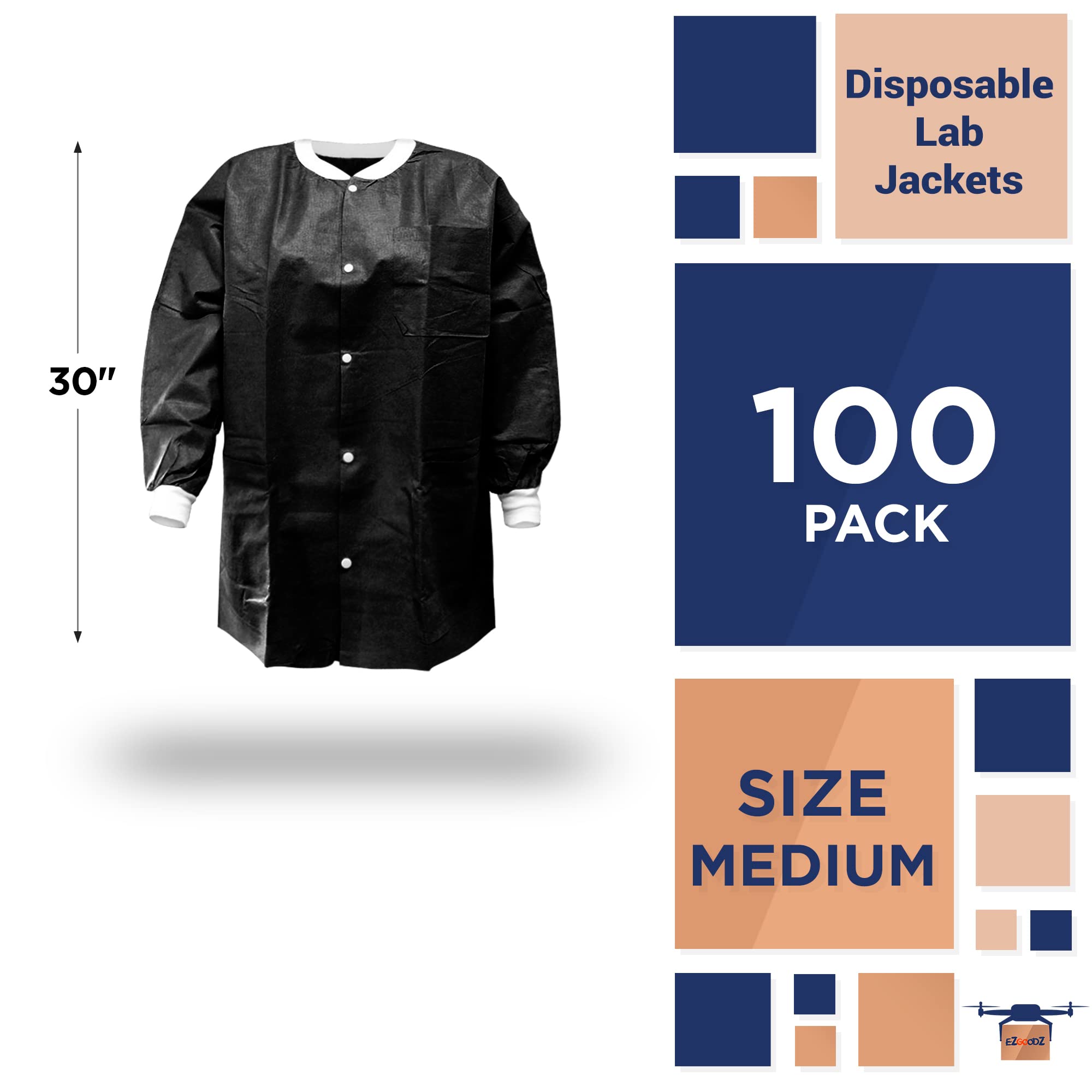 EZGOODZ Disposable Lab Coat - 30 Inch Long Black SMS 50 GSM Unisex PPE Workwear with Snap Front, Knit Cuffs & 3 Pockets (Pack of 100) | Ideal for Medical Labs, Cleanrooms, Food Processing & Industrial Safety