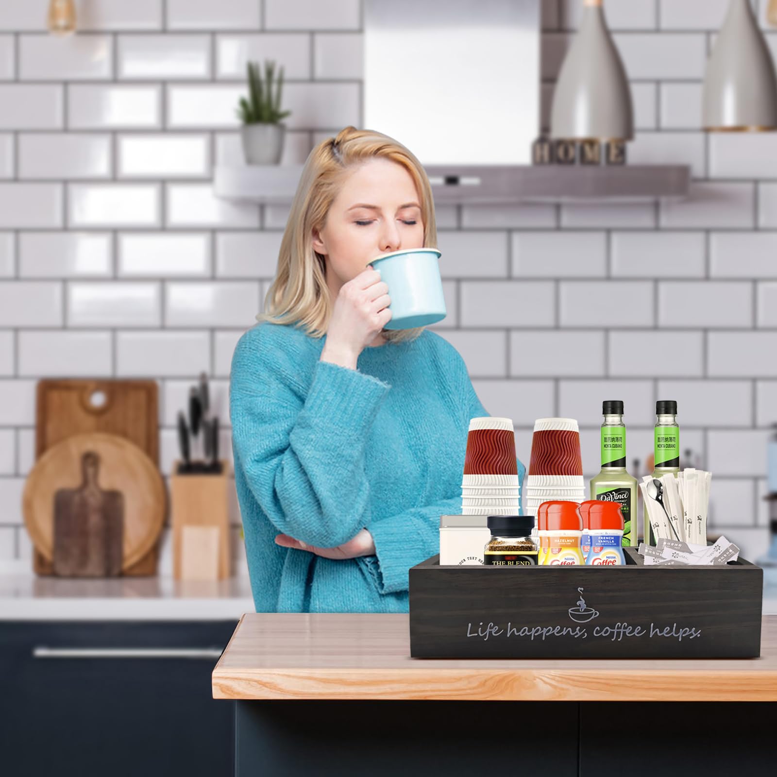 Farmhouse Coffee Station Organizer - Rustic Countertop Decor with K-Cup Pod Holder, Creamer & Paper Cup Storage - Perfect for Kitchen, Office, or Coffee Bar (Black)