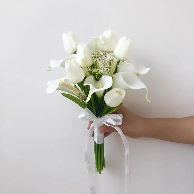 White Calla Lily Bridal Bouquet - Handmade Artificial Silk Wedding Flowers for Bridal Shower, Ceremony & Home Decor